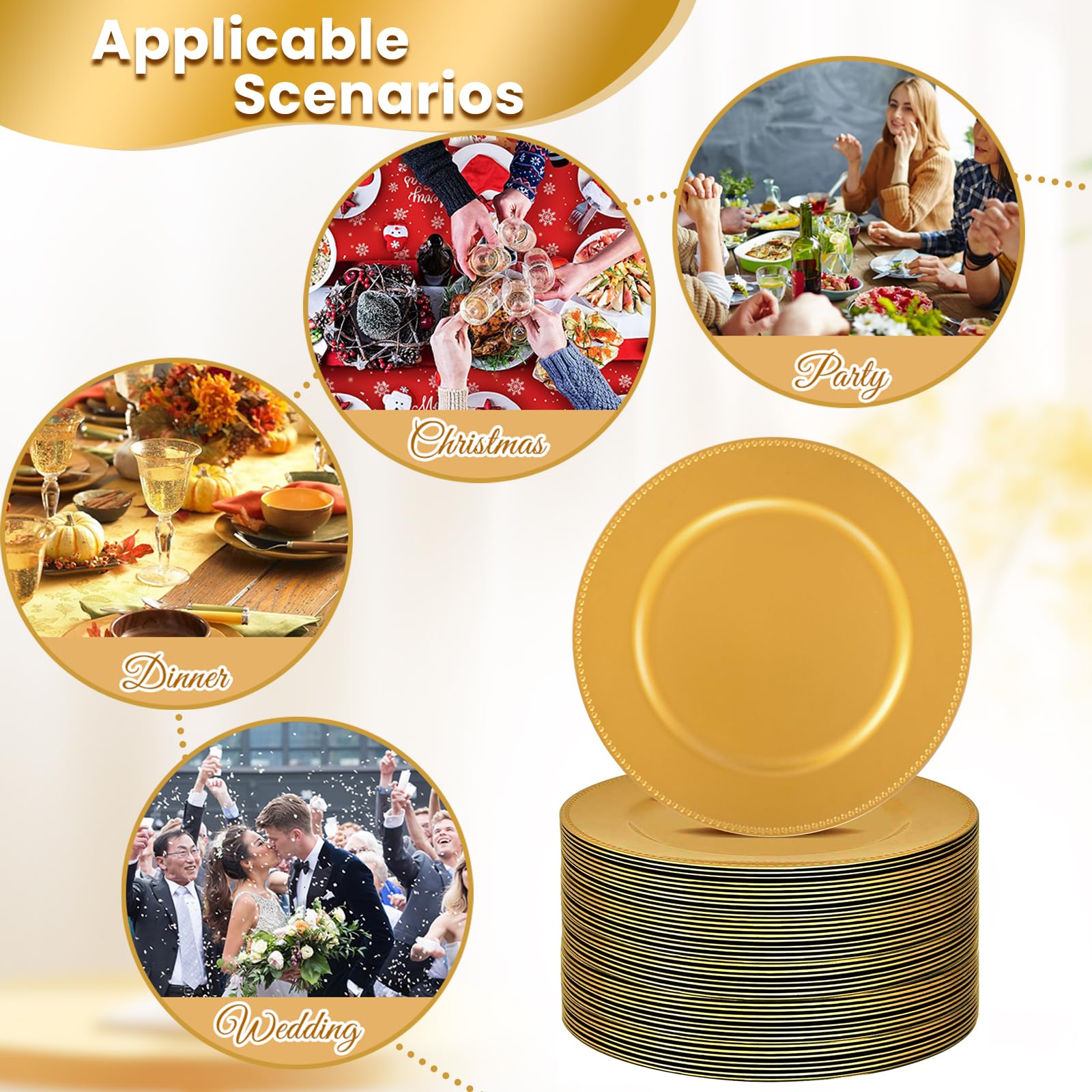 100 Pcs Gold Charger Plates Bulk - 13 Inch Plastic Round Dinner Plates with Beaded Rim, Reusable Charger Service Plates for Christmas, Wedding, Party & Special Events - Elegant Table Setting for Holiday Dinners, Banquets and Formal Occasions