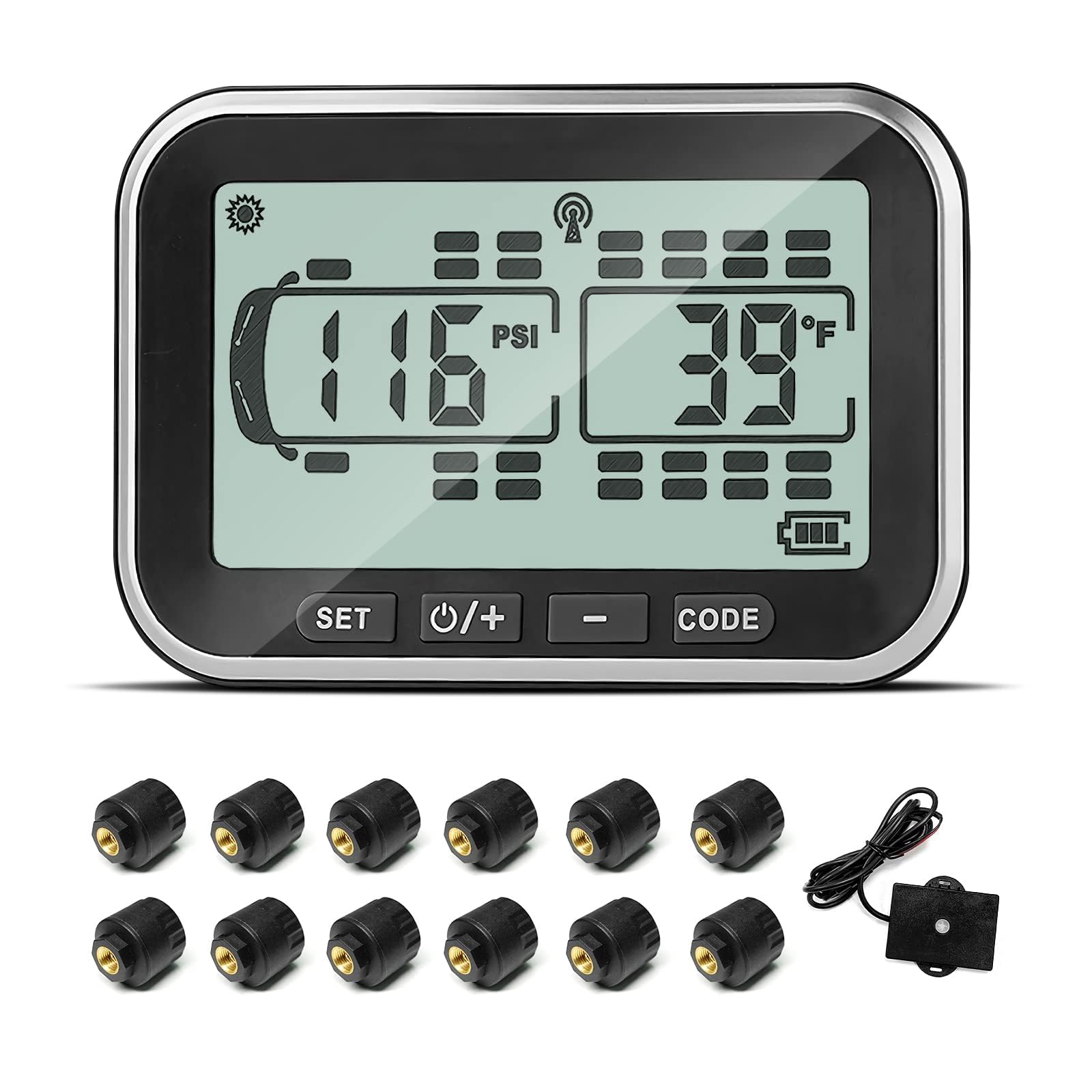MIRAIDON RV TPMS - 12 Theft Sensors, 5 Alert Modes, Solar Powered Wireless Tire Pressure Monitoring System for RVs, Trailers & Heavy Trucks | 80ft Sensing Distance | Real-Time Monitoring for Safer Road Trips & Long-Haul Travel