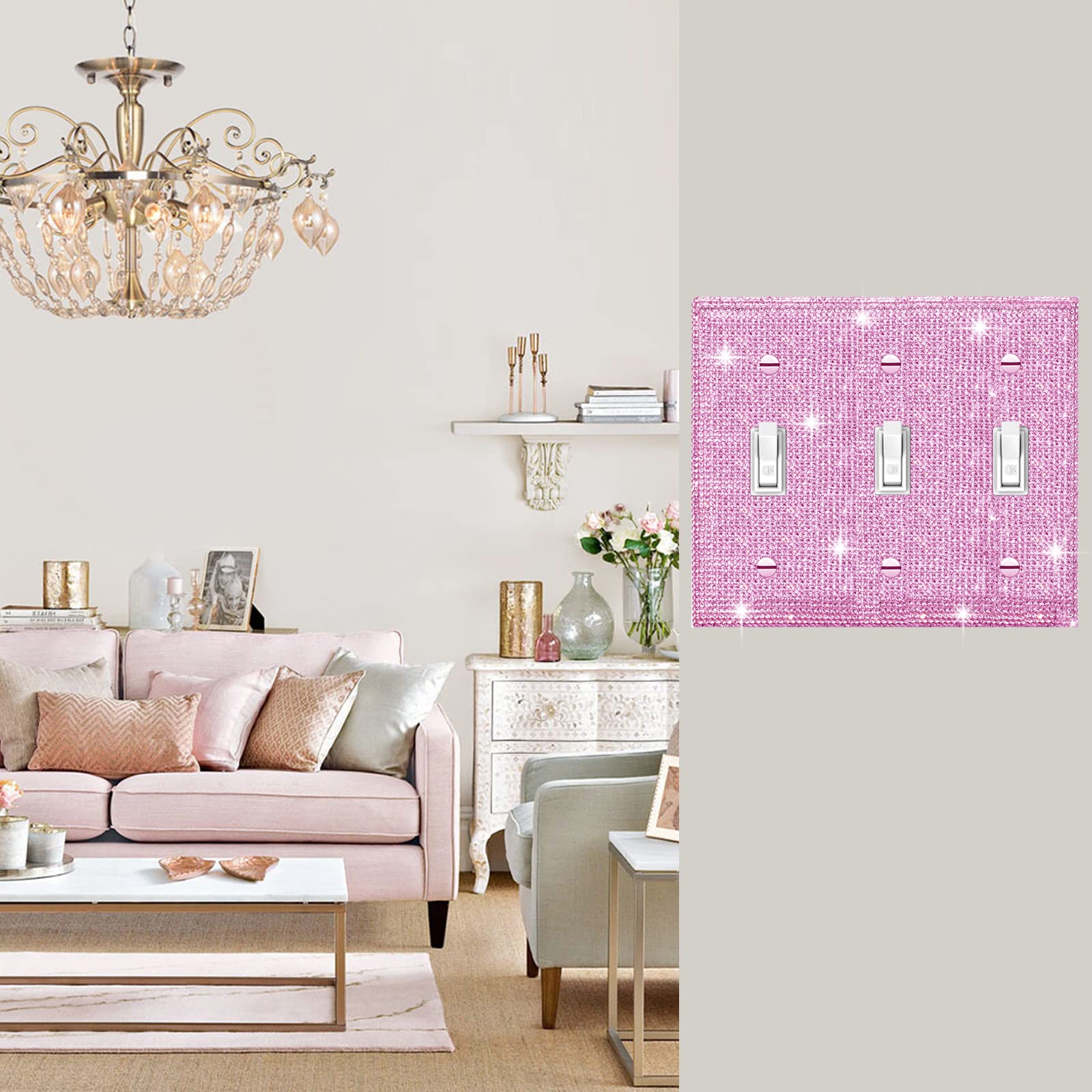 Shiny Pink Rhinestone Outlet Cover - Decorative 3 Gang Light Switch Plate Cover with Sparkling Rhinestones - Perfect for Bedroom, Living Room, and Home Decor