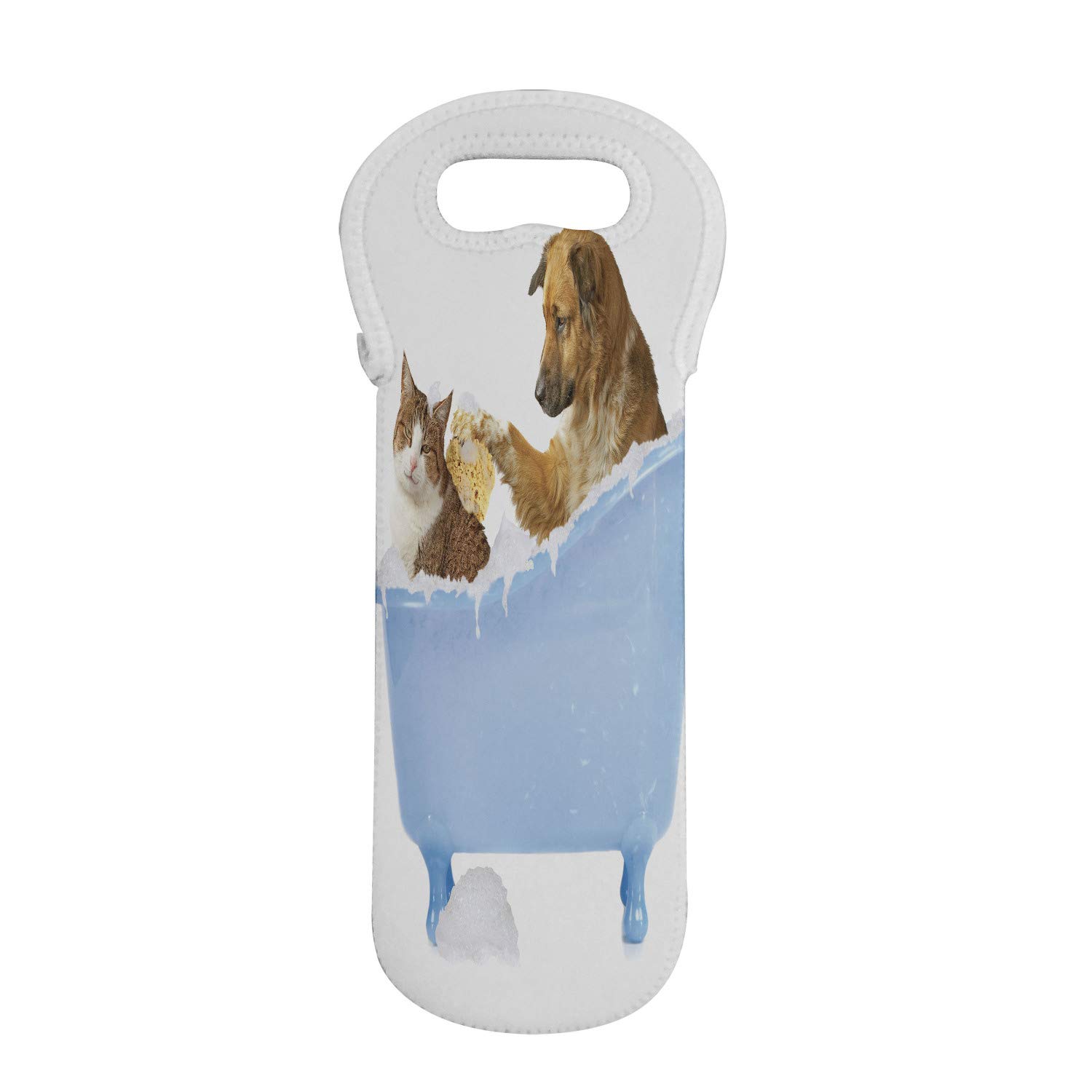 Ambesonne Cat & Dog Wine Bottle Carrier - Portable Neoprene Insulated Bag for Champagne, Water Bottles (1 Bottle Capacity) - Cute Kitty & Puppy Bath Time Bubble Shower Print - Perfect for Picnics, Beach Trips & Gift Giving