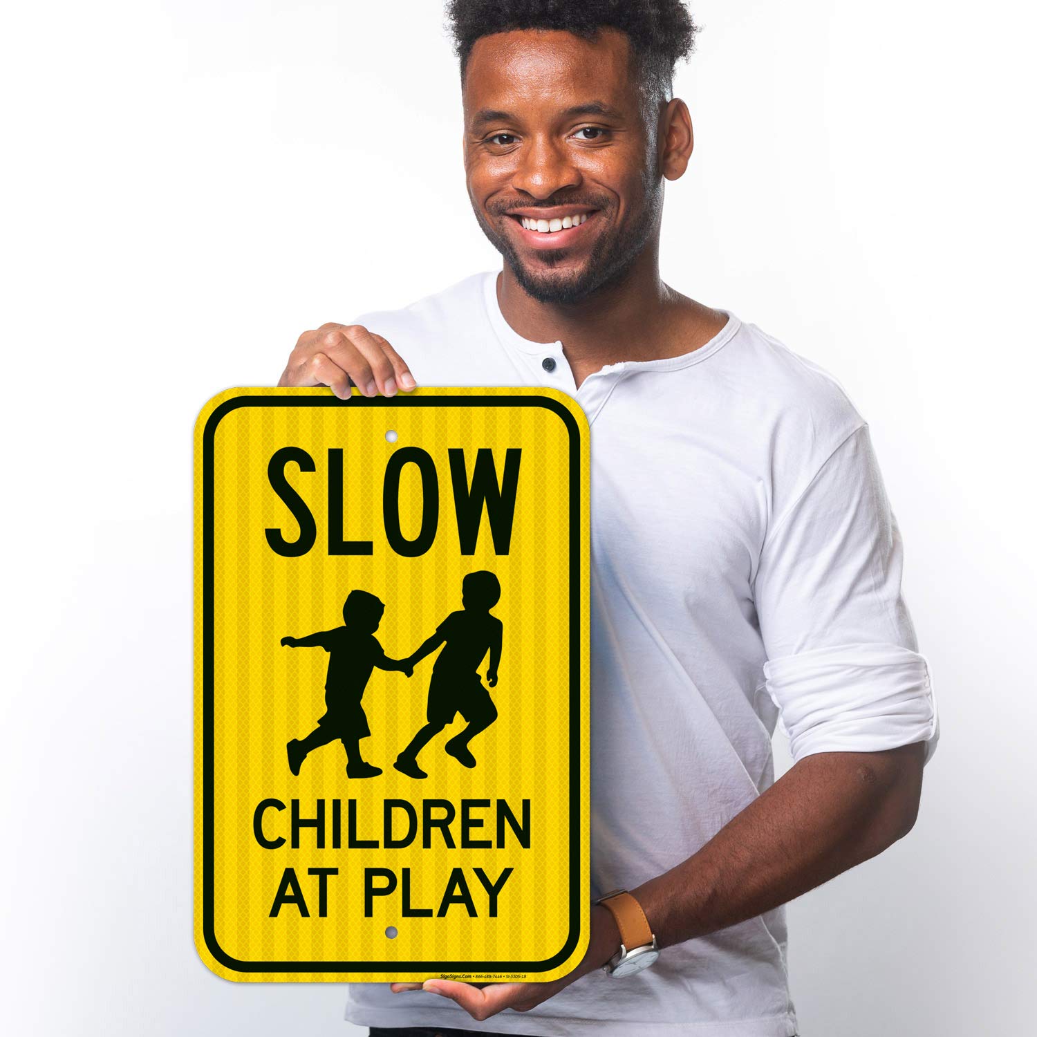 Slow Children at Play Sign - 12x18 Inch Reflective Aluminum Traffic Sign with Kids Playing Image | 3M EGP Reflective, Fade Resistant | Indoor & Outdoor Use | Made in USA | Perfect for School Zones, Neighborhoods & Play Areas