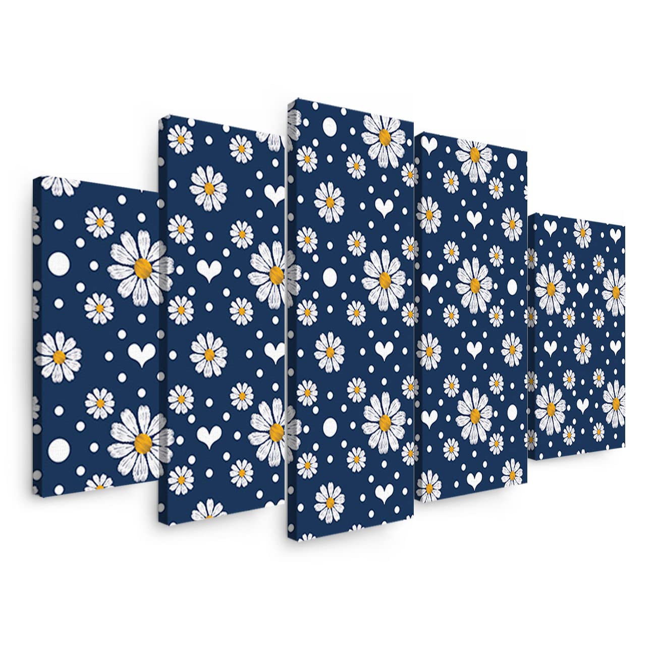 5 Panels Canvas Wall Art - White Daisy Flower Love Indigo Background Print, Modern Home Decor for Bedroom & Living Room, Stretched & Framed Ready to Hang | Perfect for Housewarming Gifts & Wall Decoration