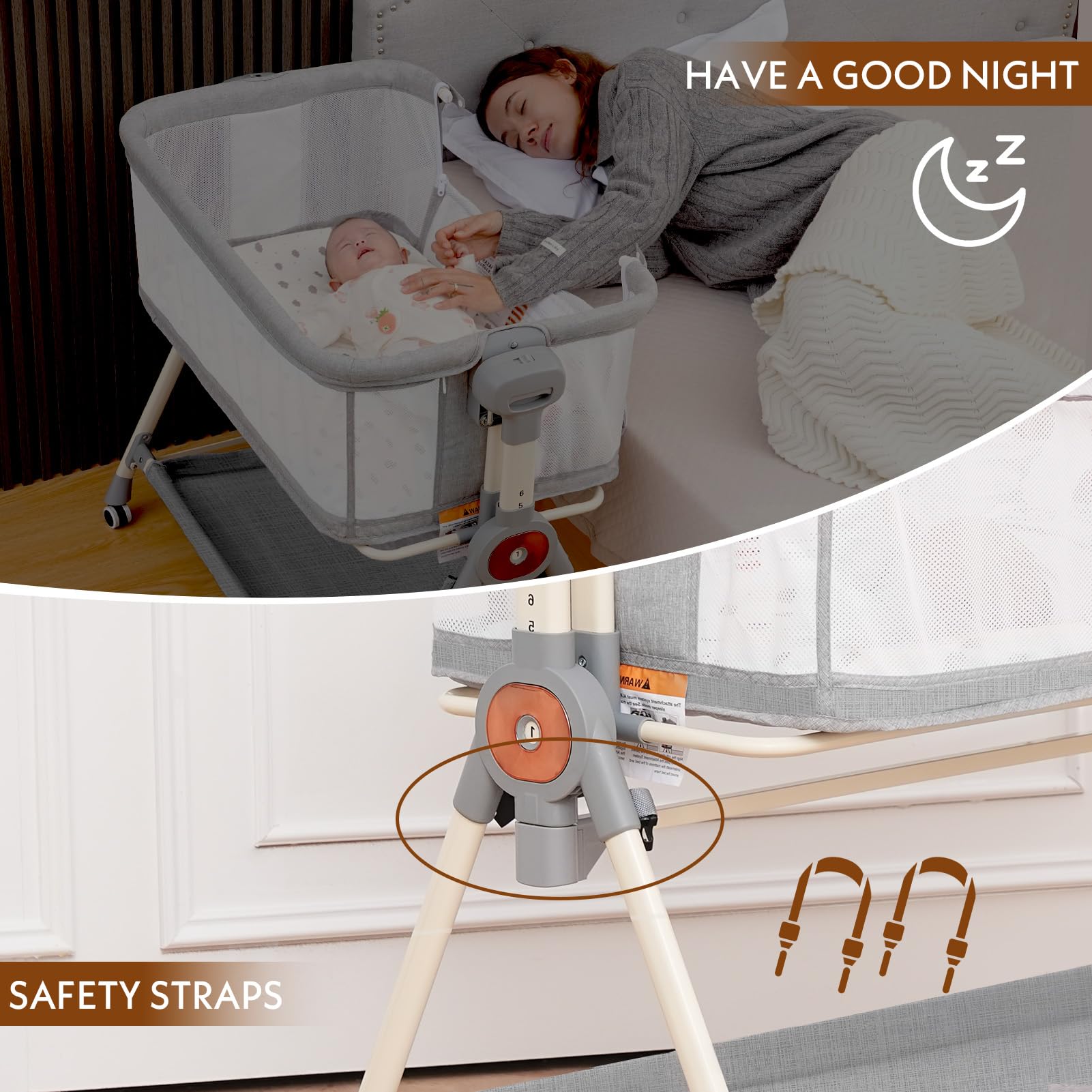 Portable Baby Bassinet with Waterproof Sheet - 3-in-1 Rocking Crib & Adjustable Bedside Sleeper for Newborns (6 Height Settings, Grey) - Perfect for Nursery, Bedroom & Travel Use