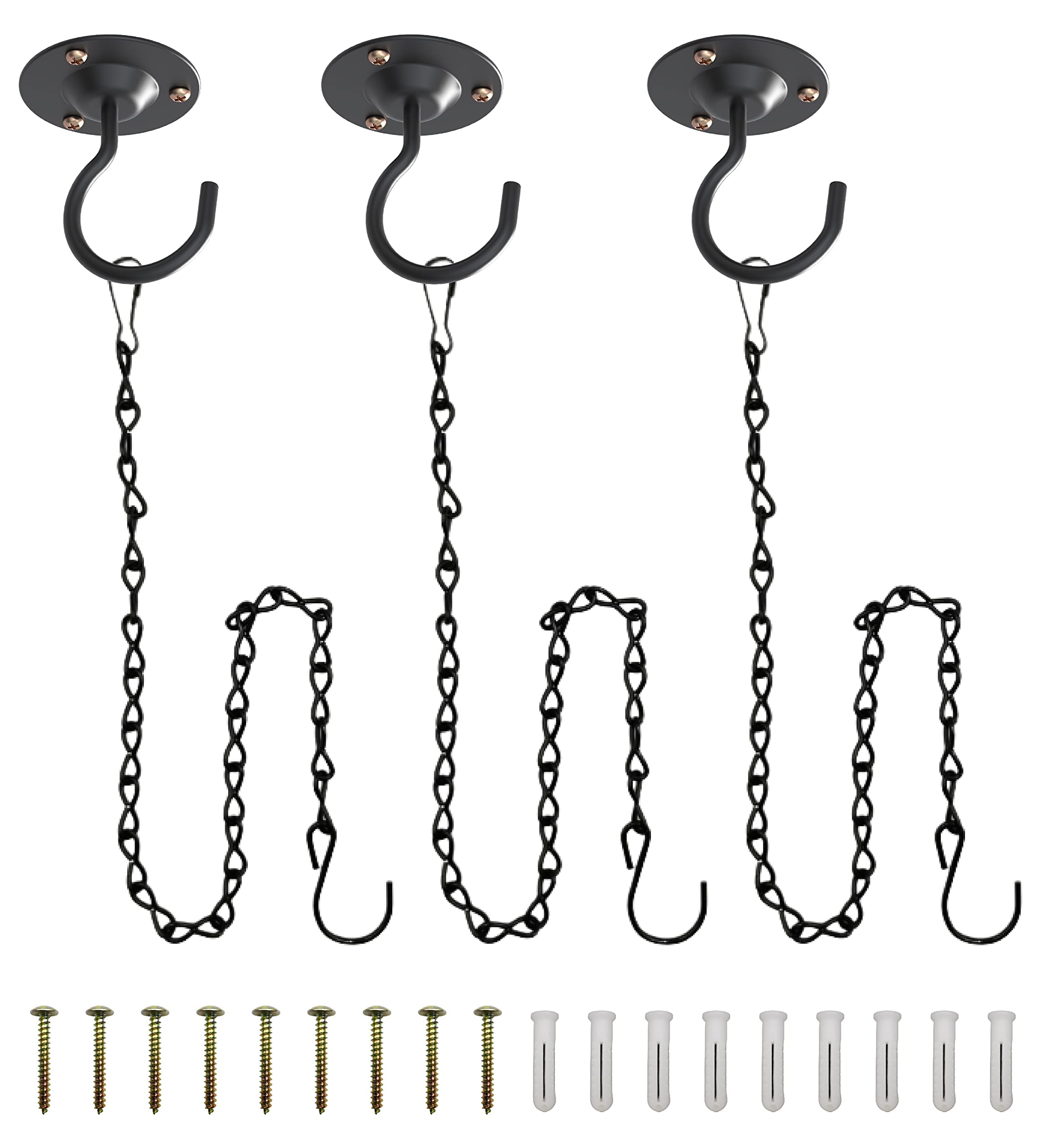 NACETURE 3-Pack Black Metal Ceiling Hooks for Hanging Plants, Lanterns & Wind Chimes - Heavy Duty Iron Plant Hanger Brackets with Chains - Perfect for Indoor & Outdoor Decoration