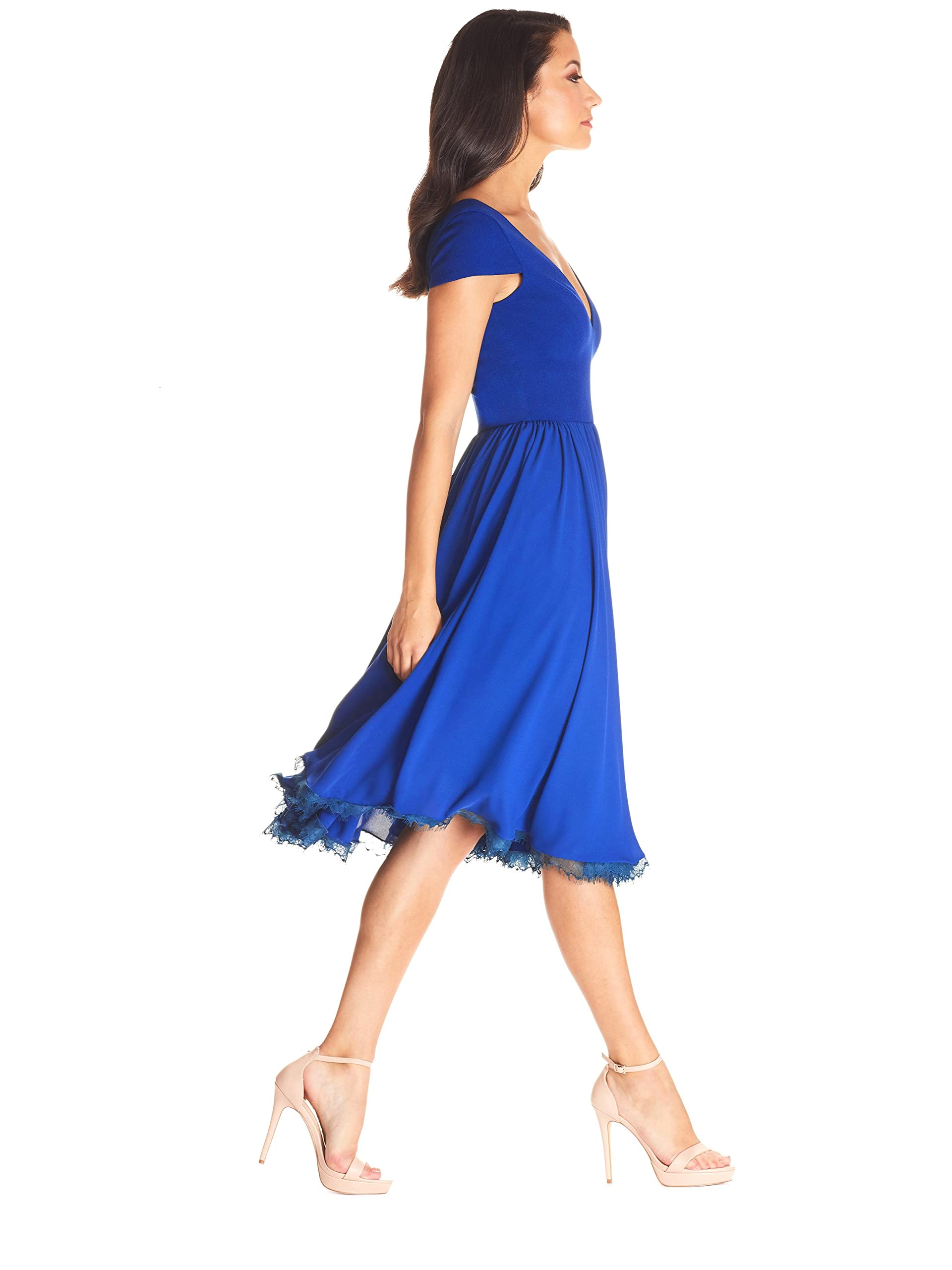 Dress the Population Women's Corey Plunging V-Neck Mixed Media Cap Sleeve A-Line Midi Dress for Cocktail Party & Evening Occasions