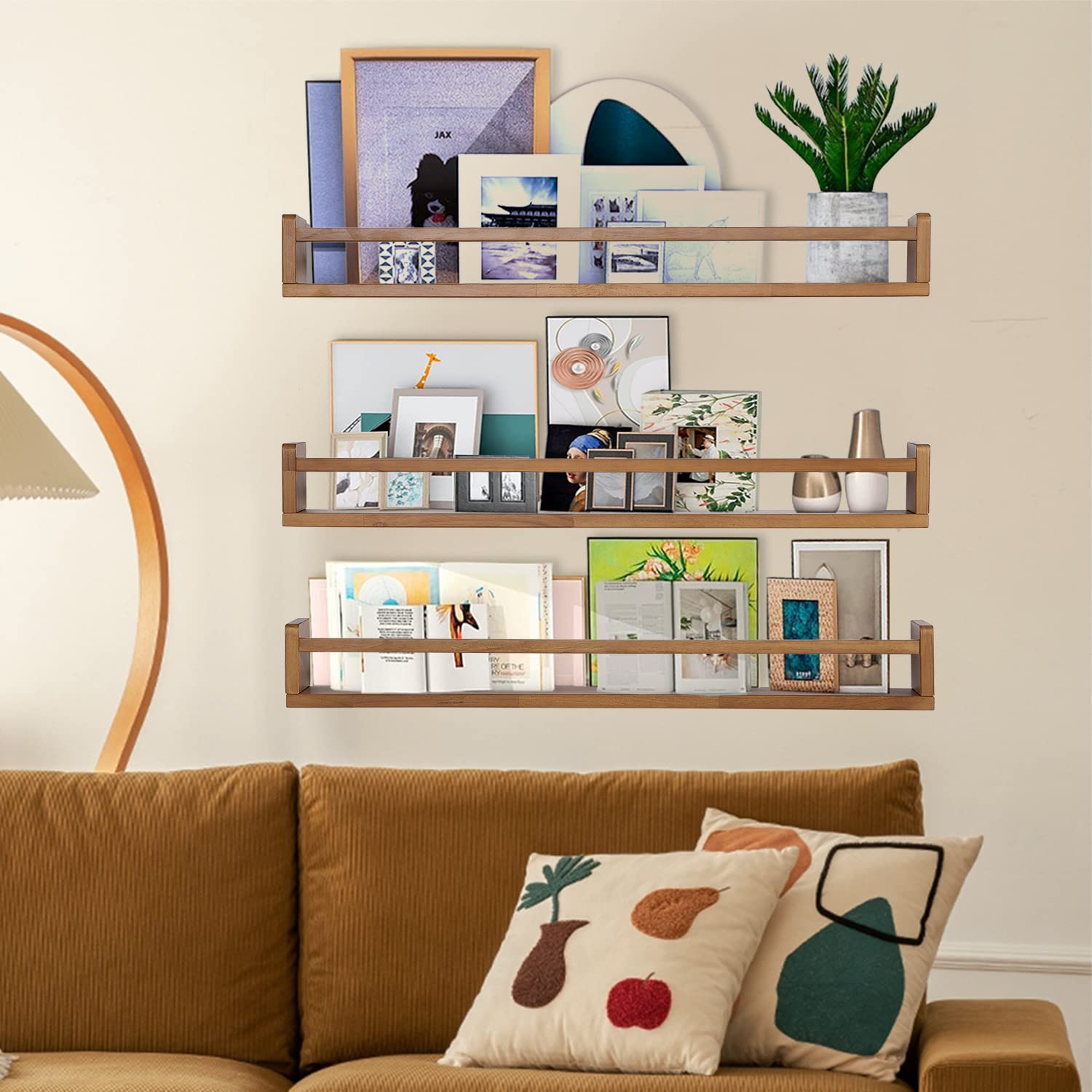 AZSKY 36 Inch Light Walnut Floating Wall Bookshelf - Set of 3 Nursery Shelves for Kids Room, Wall Mounted Book Storage Organizer for Toddler Toys & Books - Perfect for Bedroom, Playroom, and Classroom Organization
