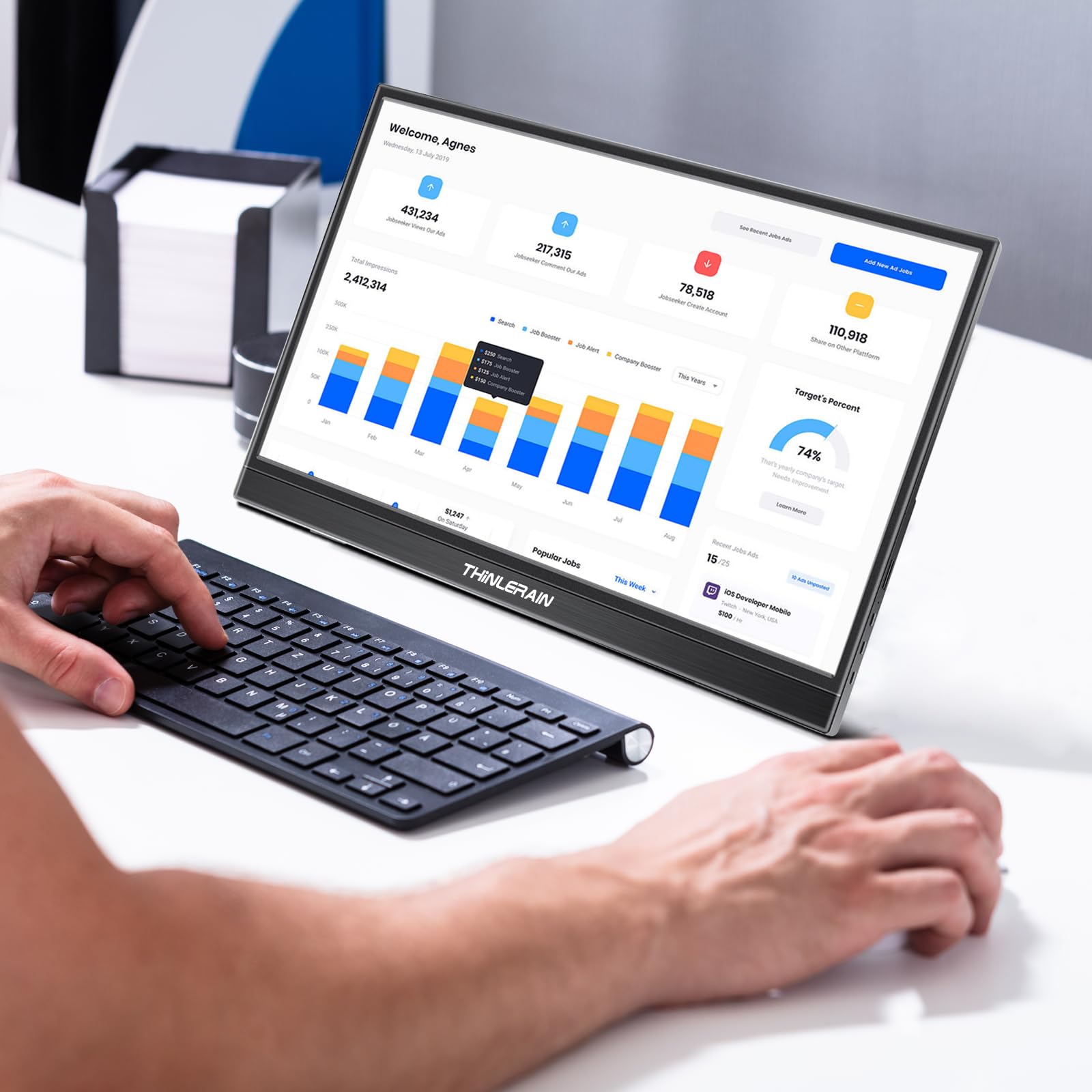 Thinlerain 15.6 Inch Portable Touch Screen Monitor - Full HD 1920x1080 IPS Display, USB-C & HDMI Connectivity for Laptop, PC, Smartphone - Travel Monitor for Windows 7/8/10 - Perfect for Business Travel, Home Office & Gaming Setup