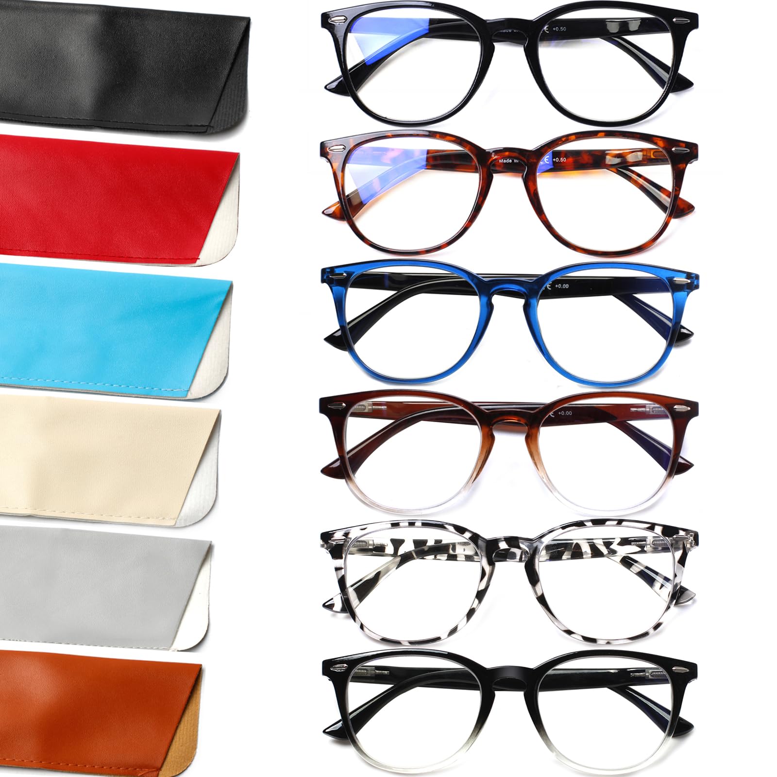 Henotin 6 Pack Blue Light Blocking Reading Glasses for Women & Men - Stylish Computer Readers with Leather Case - Perfect for Office Work, Screen Time & Reading