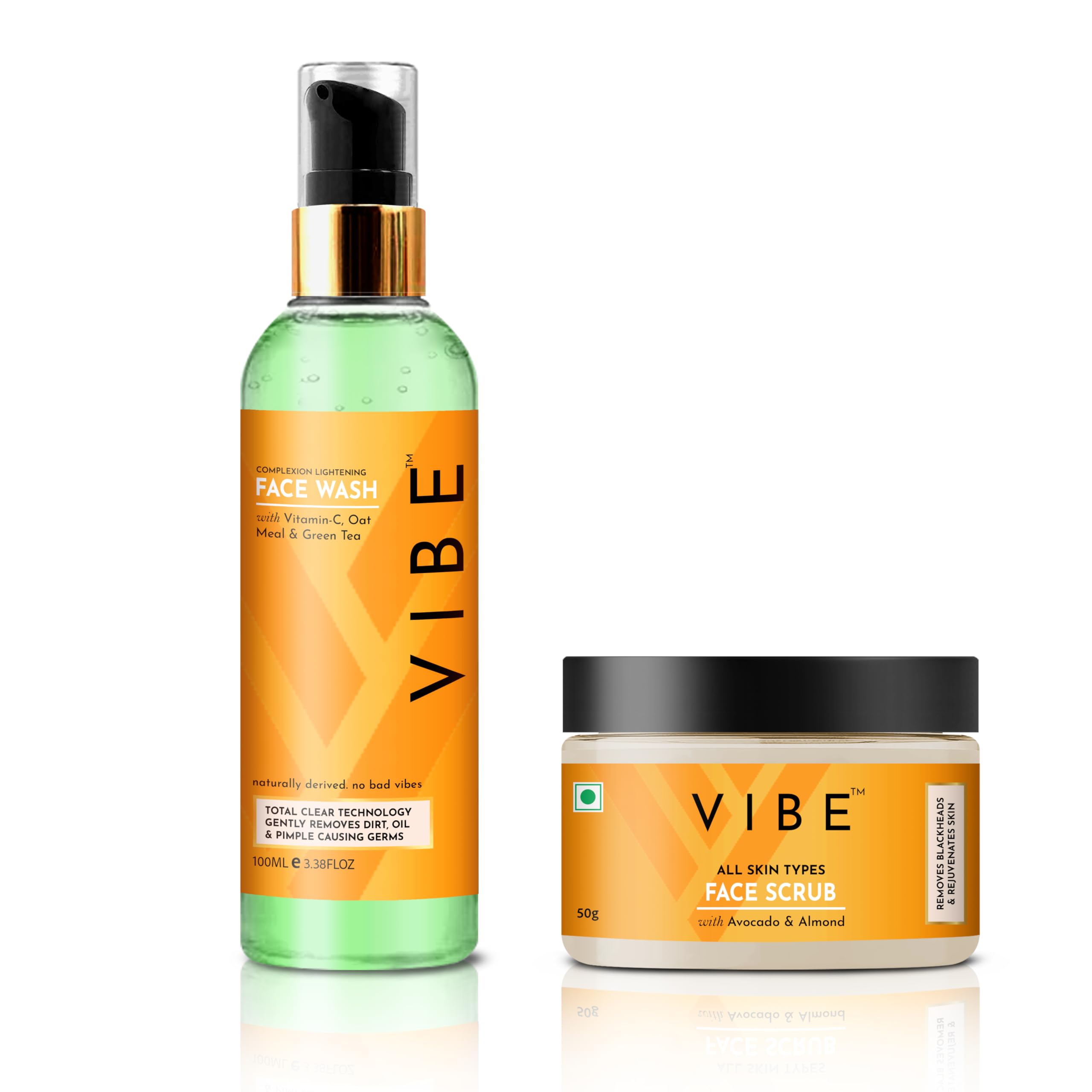 VIBE Vitamin C Oatmeal & Green Tea Face Wash 100ml + Blackhead Removal Scrub 50g Combo Pack | Skin Brightening & Tan Removal for Women & Men | Daily Cleansing & Exfoliating Routine