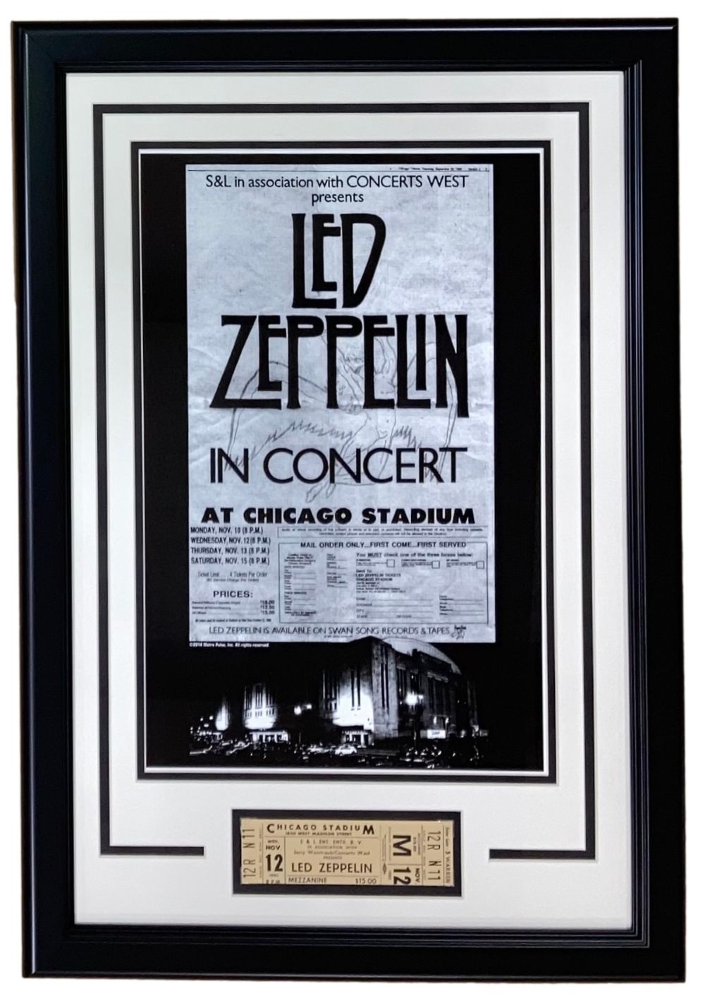 Vintage Led Zeppelin Framed Cancelled 1980 Chicago Concert Ticket with 11x17 Poster - Rare Music Memorabilia for Rock Fans & Collectors - Perfect for Home Decor, Man Cave, or Gift for Music Lovers