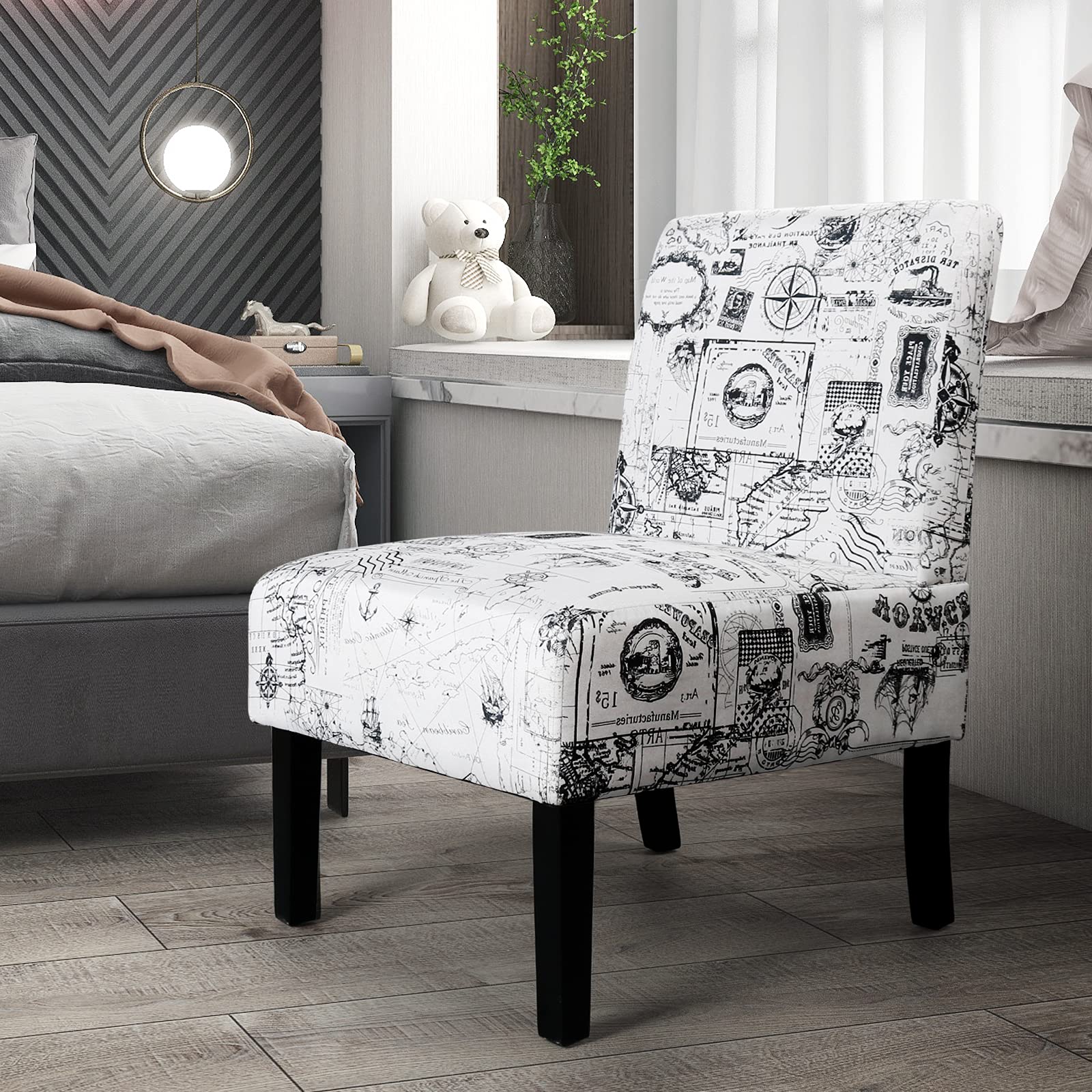 Modern Fabric Print Armless Accent Chair - Decorative Corner Side Slipper Vanity Chair for Bedroom, Living Room & Office - Map Design White - Perfect for Small Spaces, Reading Nooks & Home Decor
