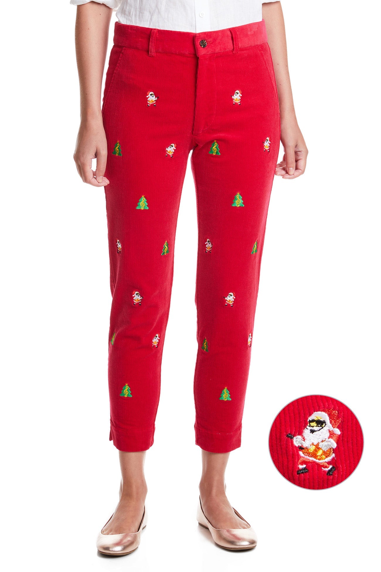 Women's Corduroy Ankle Pants in Crimson Red - Christmas Holiday Casual Wear for Parties & Family Gatherings