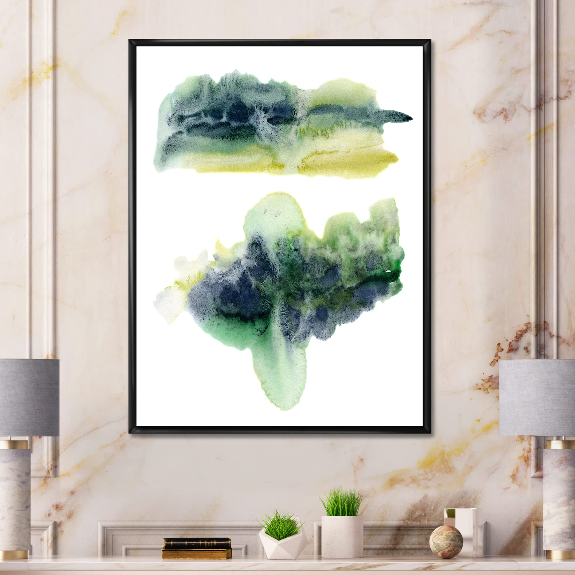 DesignQ Golden Green Abstract Clouds With Blue Points IV - Modern Framed Canvas Wall Art Print for Living Room, Bedroom & Office Decor | Ready to Hang Home Decoration