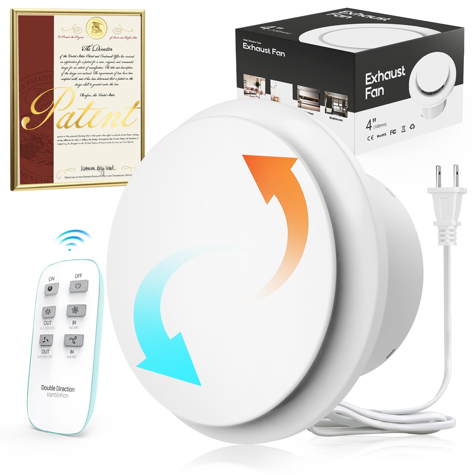 4 Inch Two Way Bathroom Exhaust Fan with Remote Control - Ultra Quiet Household Ventilation Fan for Bathroom, Kitchen, Garage - Window, Ceiling & Wall Mount Ventilation System (Perfect for Home, Office & Commercial Use)