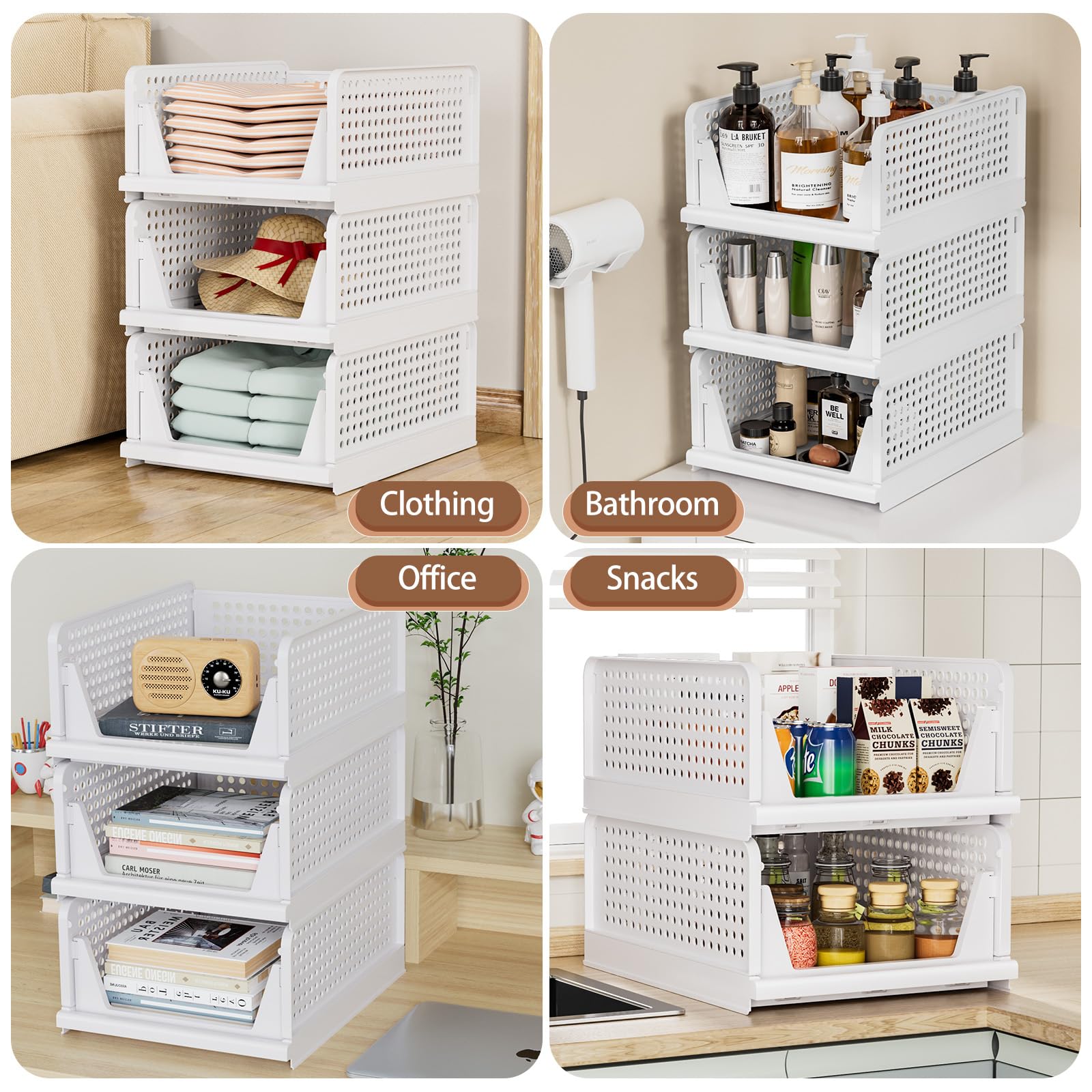 TidyIsles - 4 Pack Foldable Closet Organizer & Stackable Storage Boxes, Plastic Drawer Baskets for Bedroom, Kitchen, Bathroom Organization (White) | Perfect for Closet Shelving, Underbed Storage & Small Space Organization