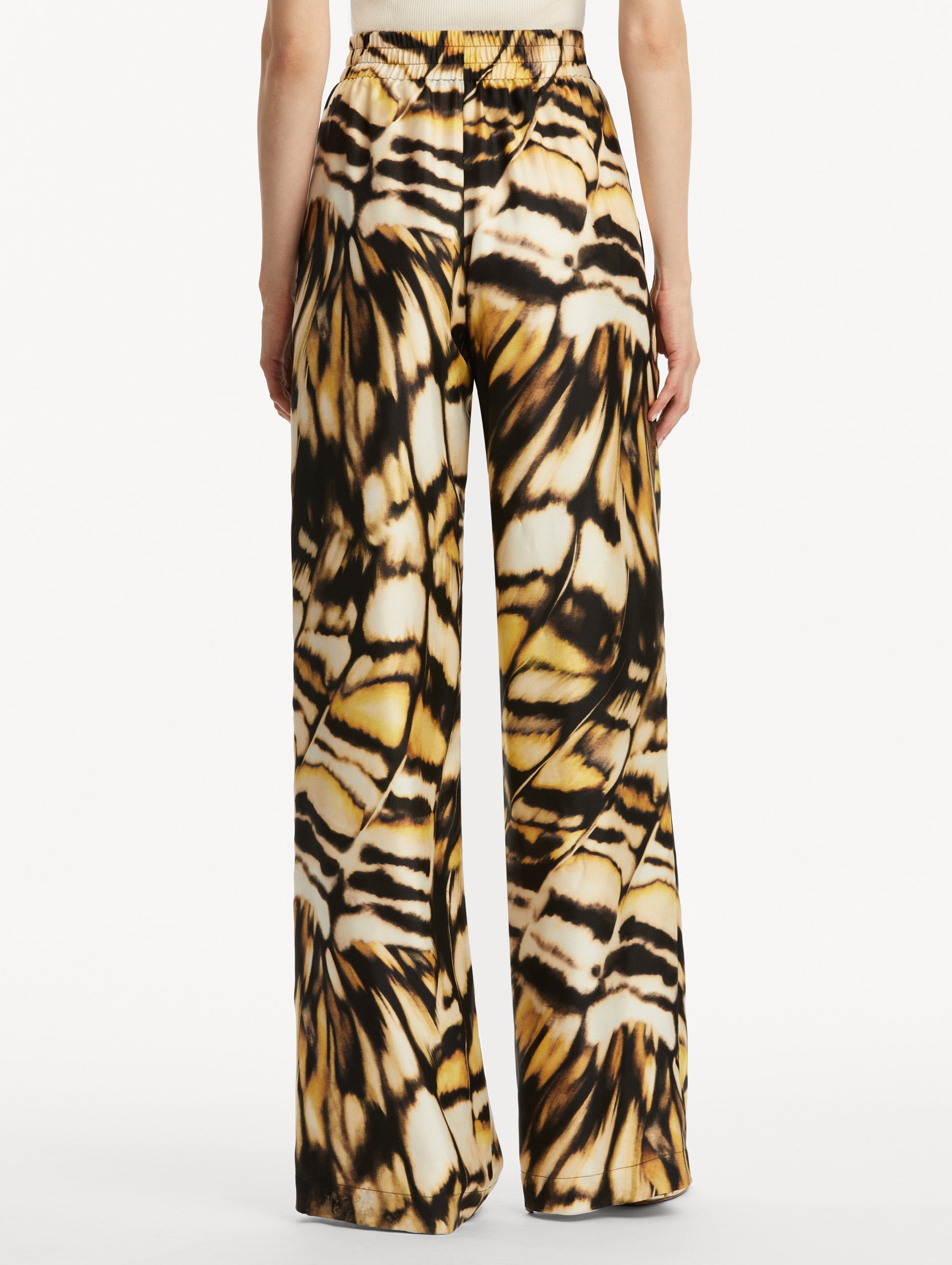 Abstract Butterfly Print Silk Twill Pants - Elegant Women's Lounge Pants for Home, Yoga & Casual Wear