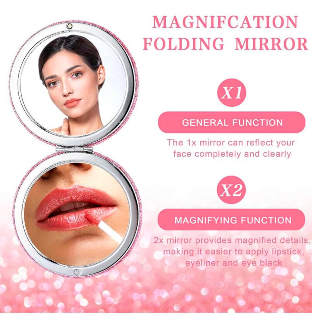 Pink Compact Mirror for Women - Portable Folding Travel Makeup Mirror with 2x Magnification & Glitter Design, Perfect Gift for Girlfriend, Mom & Travel Essentials | Ideal for Purse, Cosmetic Bag & On-the-Go Touch Ups