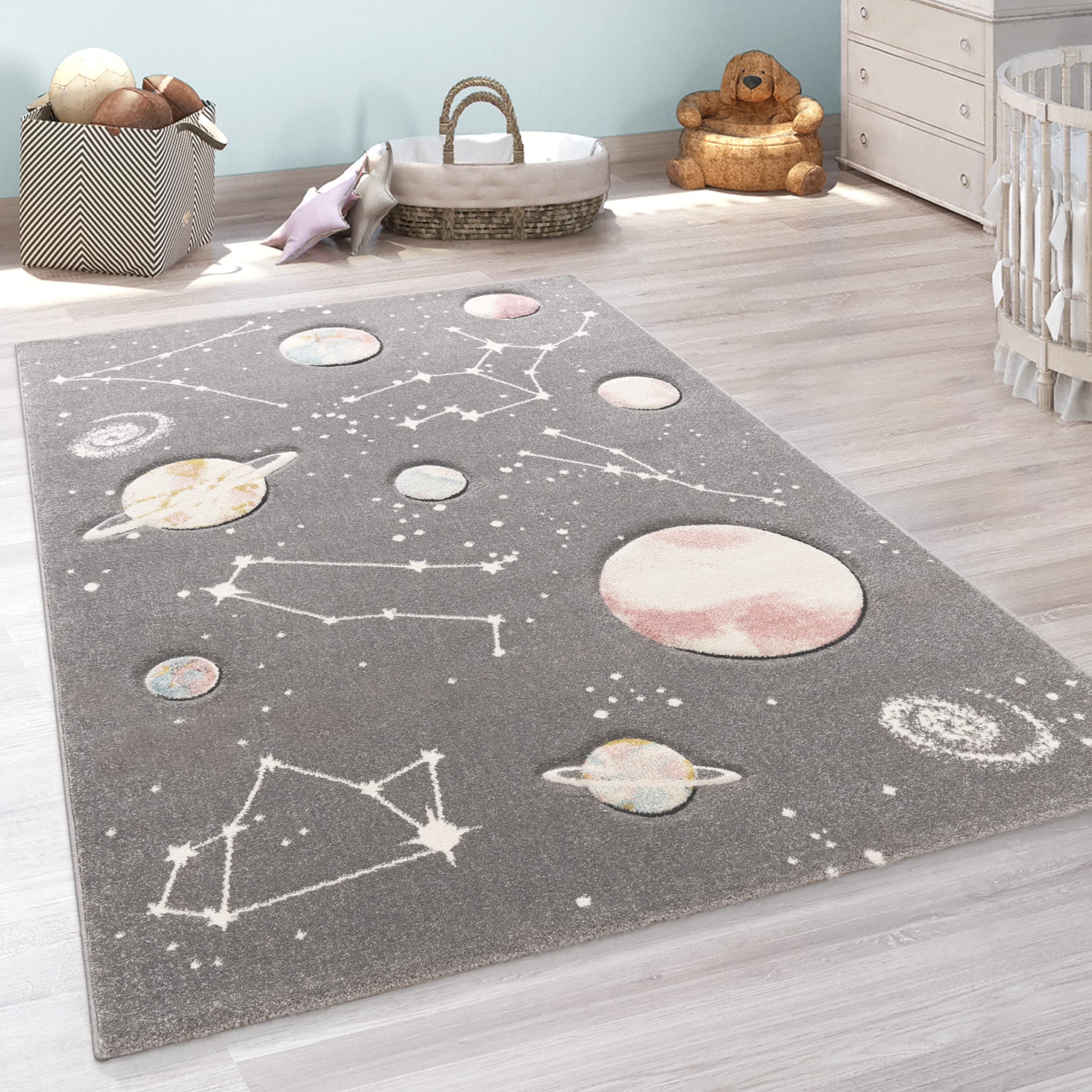 Paco Home Kids Play Rug - Space Galaxy Design with Planets and Stars, Soft Nursery Rug for Boys & Girls, 6'7