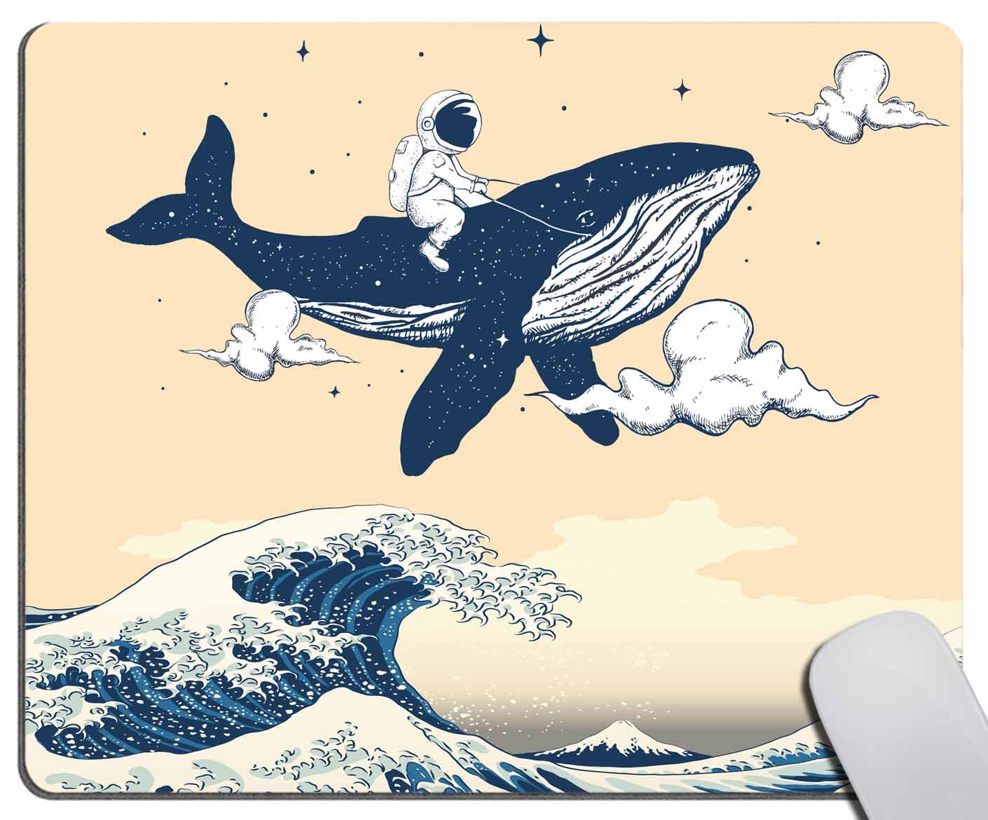 Ocean Wave Mouse Pad with Astronaut Riding Whale Design - Non-Slip Rubber Base Gaming Mousepad (7.9x9.5x0.12 Inch) for Office, Laptop & PC - Perfect for Work, Gaming & Creative Spaces