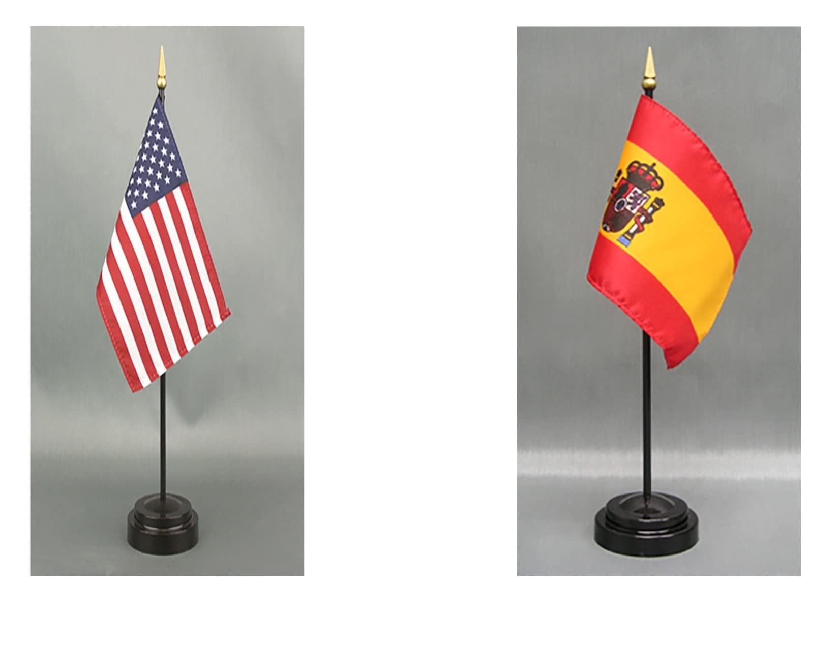 Premium 4x6 Inch Spain & American Desk Flag Set - Rayon Fabric, 2 Stands for Office Decor, Events & Patriotic Displays - Perfect for Work Desks, Classrooms & International Celebrations