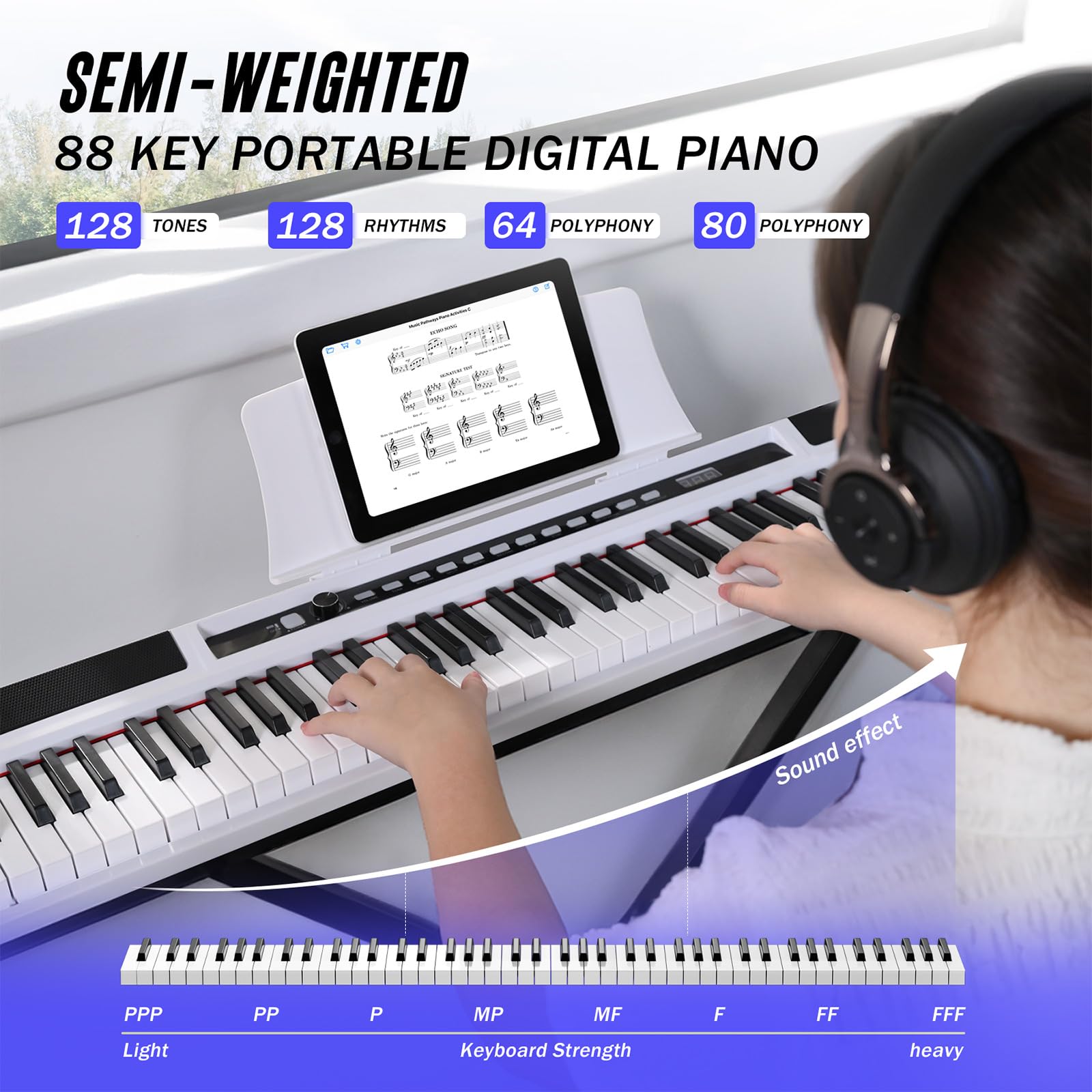88-Key Semi-Weighted Portable Digital Piano Keyboard Set for Beginners - Compact Electric Piano with Stand, Carrying Case, Sustain Pedal & Headphones (White) - Perfect for Home Practice, Music Lessons & Live Performances