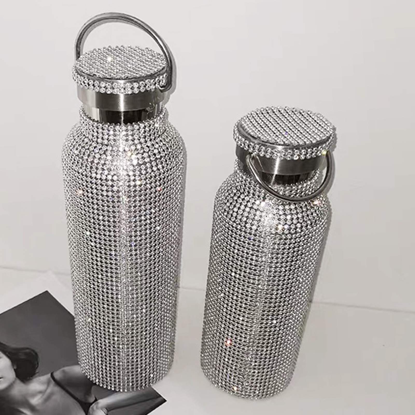 Stylish Rhinestone Stainless Steel Water Bottle 350ml - Double Walled Vacuum Insulated Travel Mug with Lid - Leakproof & Portable for Gym, Office, Hiking - Silver Diamond Design