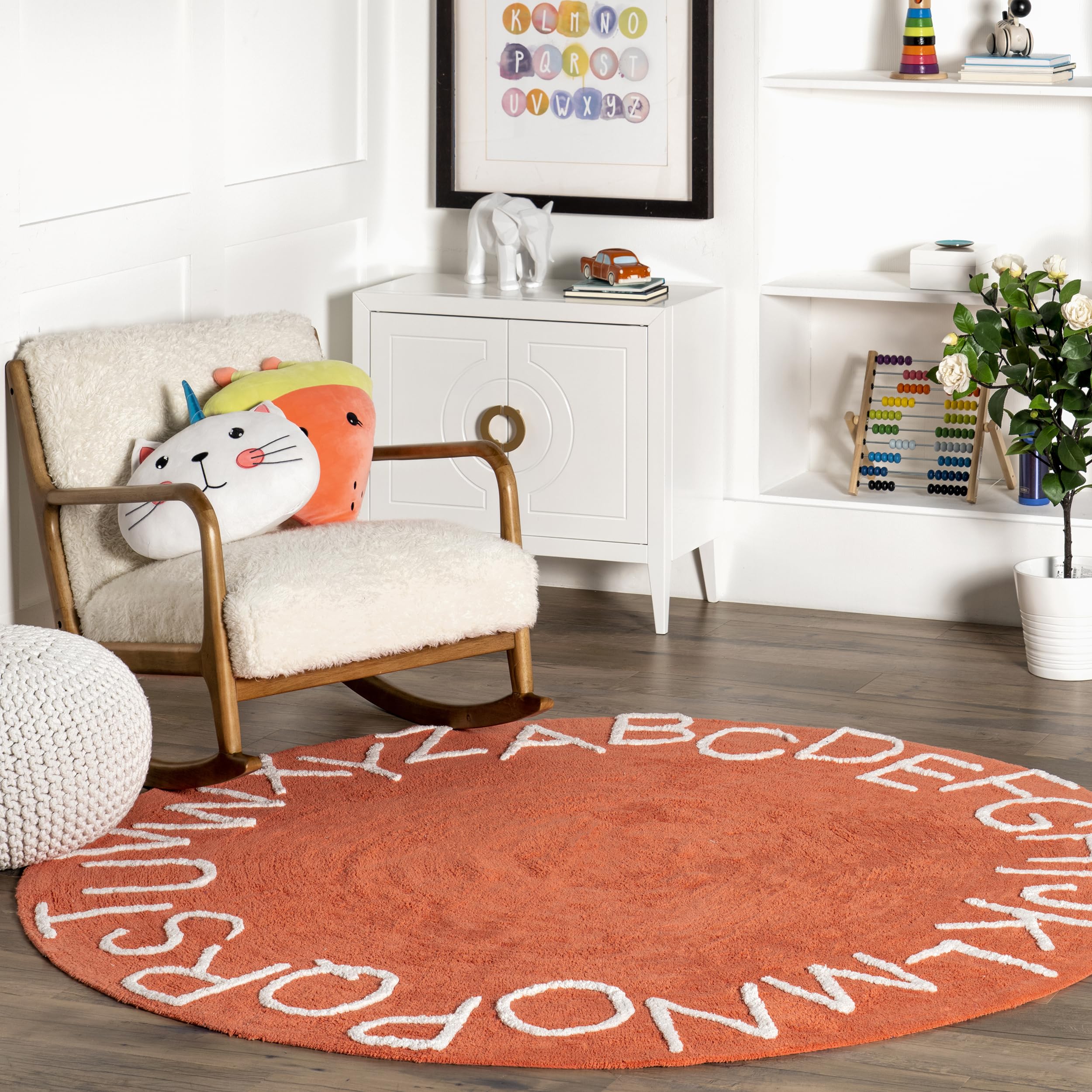 nuLOOM Kids Washable Alphabet Rug - 6' Round Non-Slip Educational Play Mat for Nursery & Classroom - Orange ABC Learning Carpet for Toddlers & Preschoolers