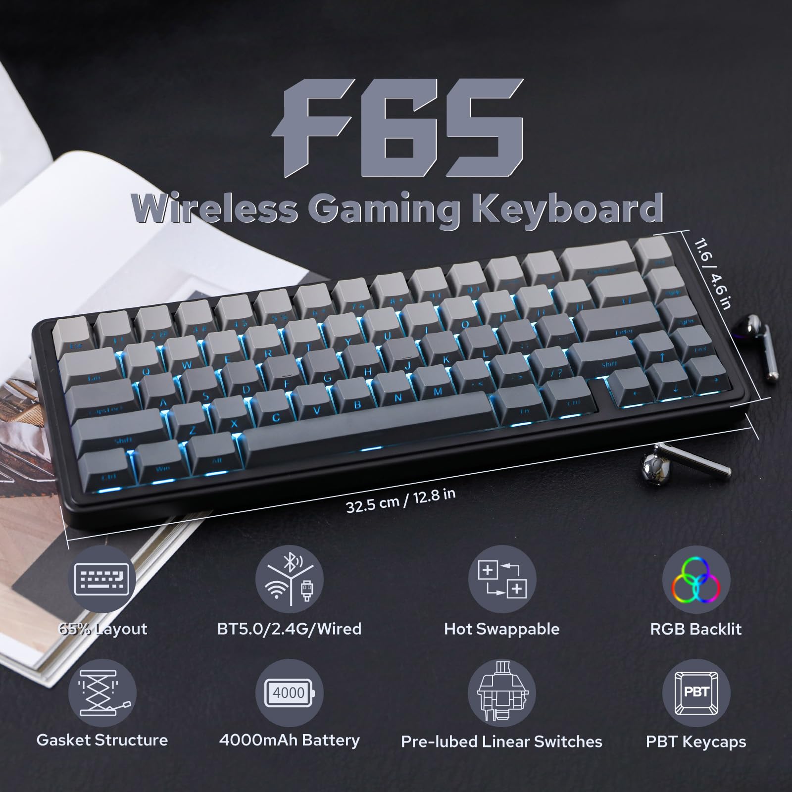 EPOMAKER F65 Wireless Mechanical Keyboard - Hot Swappable, RGB, Bluetooth/2.4G/USB-C for Gaming & Office