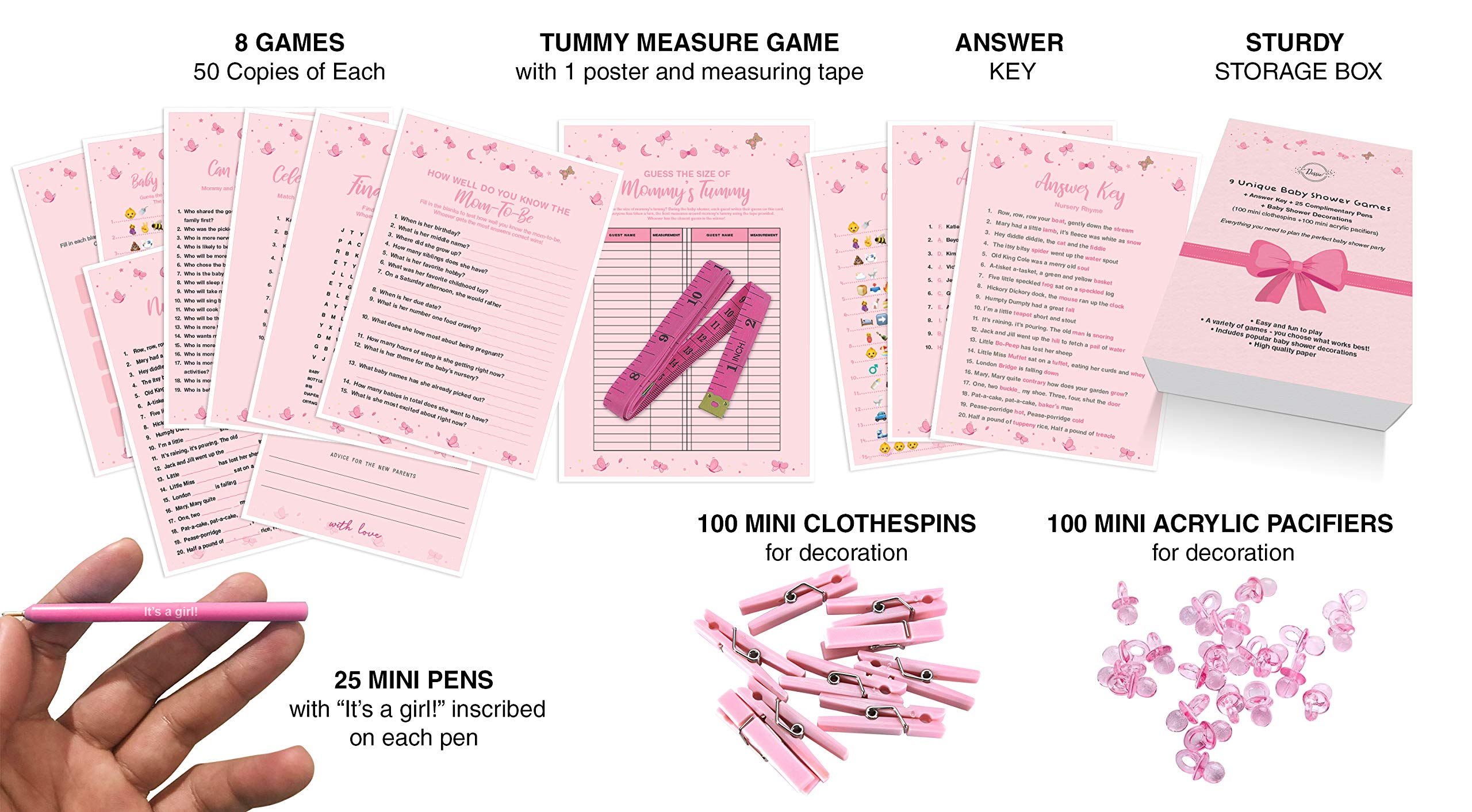 Ultimate Baby Shower Games Set for Girls - 9 Unique Games with 100 Mini Clothespins, 100 Acrylic Pacifiers & 25 Pens - Perfect for Baby Showers, Gender Reveals & Nursery Decor