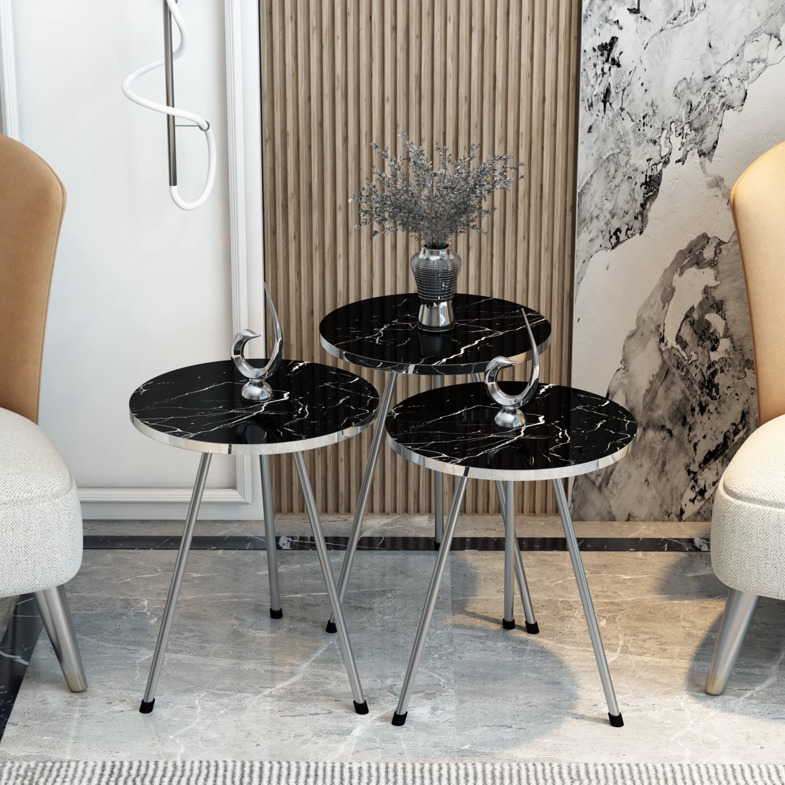 4 Piece Living Room Table Set - 1 Coffee Table & 3 Nesting Tables, No-Tools Assembly, Black Marble/Gray Finish, Ellipse Coffee Table with Round Side Tables - Perfect for Small Spaces, Apartment Decor & Modern Home Furniture