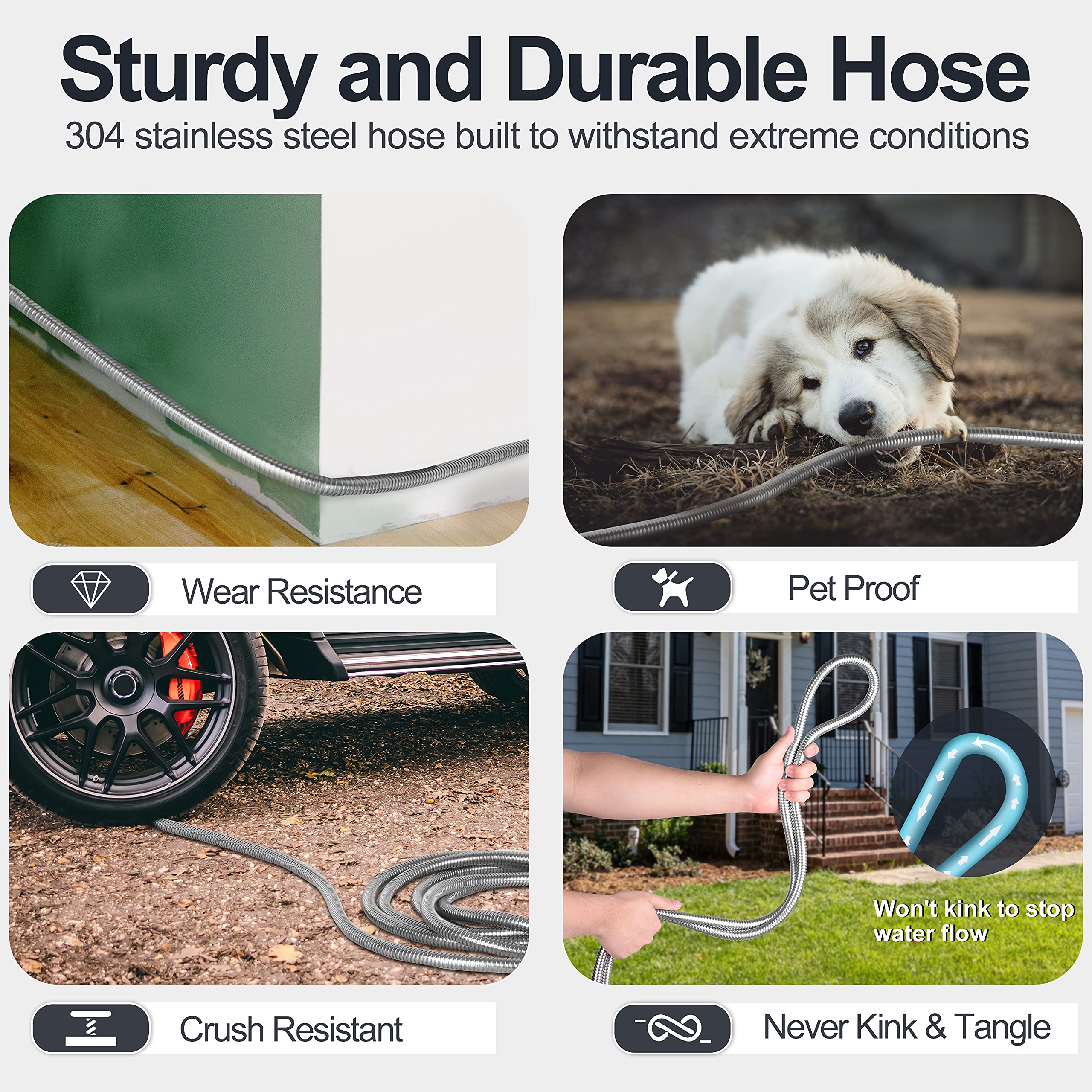 50ft 304 Stainless Steel Garden Hose - Heavy Duty Metal Water Pipe with Spray Nozzle - Flexible, Kink-Free, Tangle & Puncture Resistant for Yard, Lawn, Car Washing & Outdoor Use (Silver)