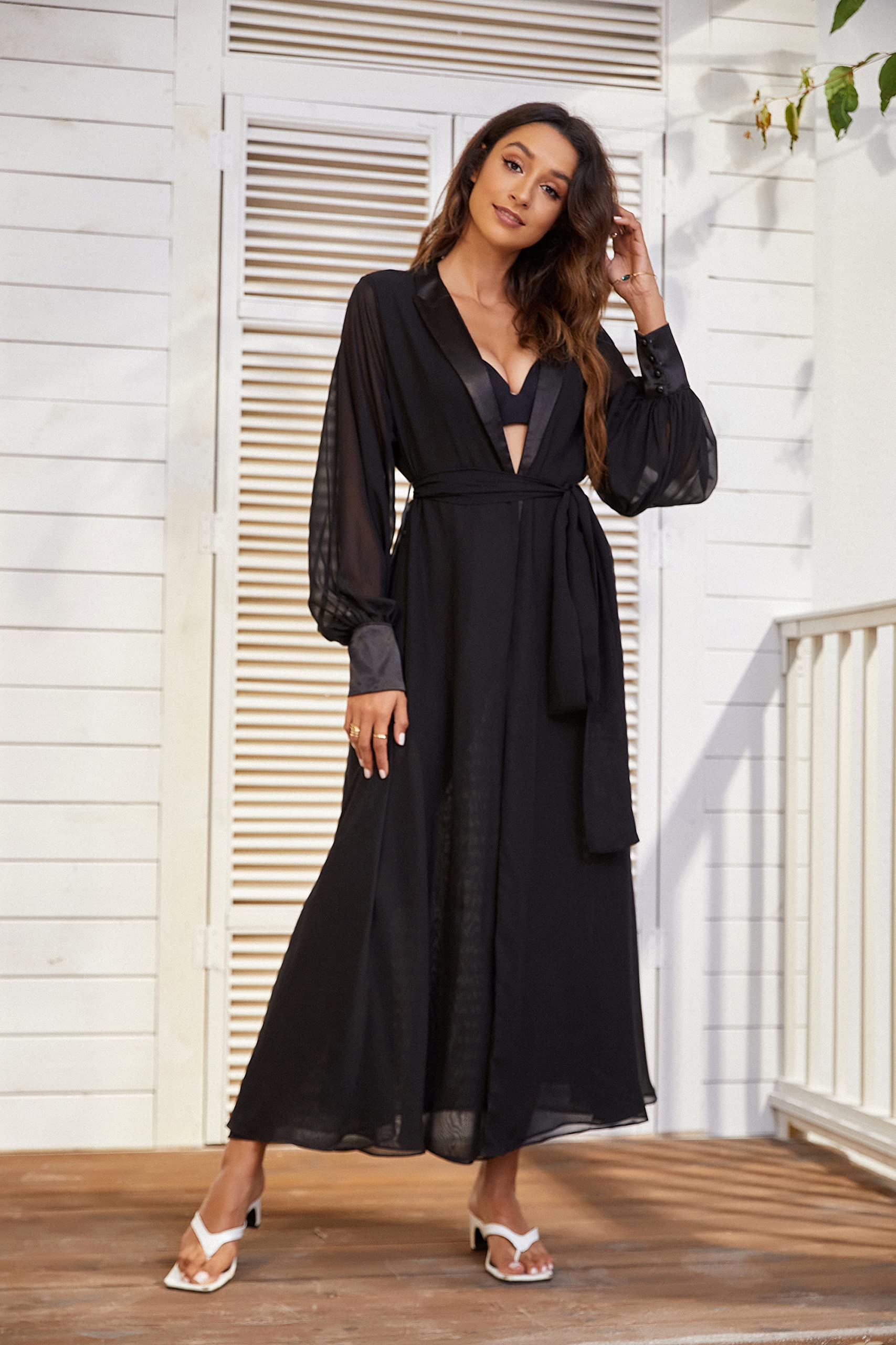 Kelaixiang Women's Elegant Long Sleeve Chiffon Robe - Bridal Gown, Loungewear & Cover Up with Tie Front Design - Perfect for Weddings, Honeymoons, Spa Days and Relaxing at Home