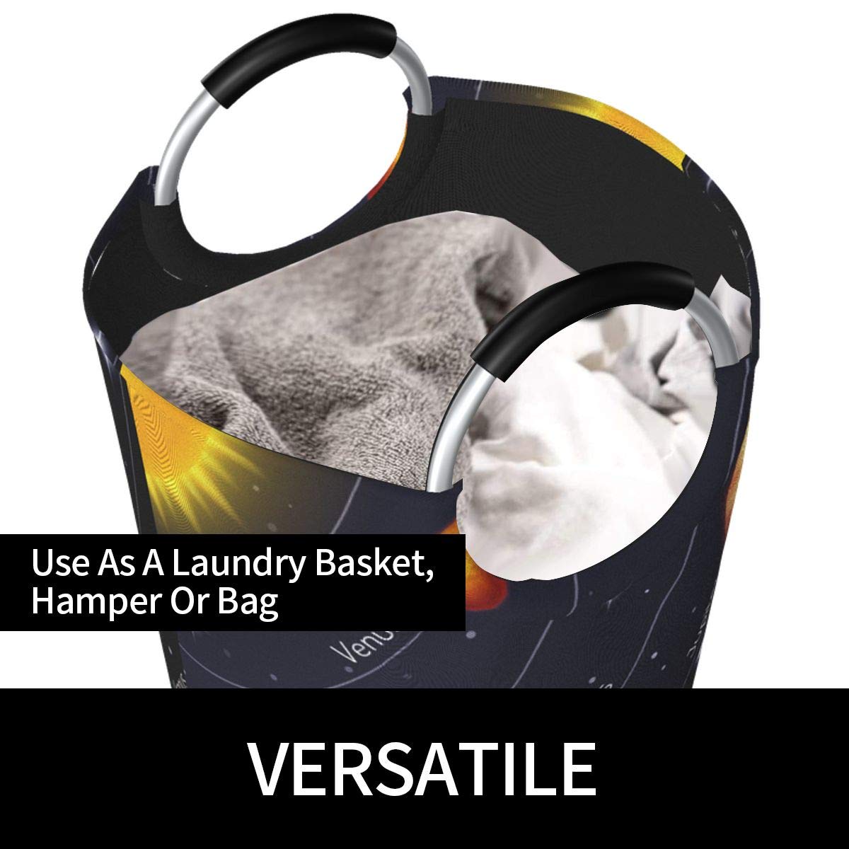 DUJIEA 82L X-Large Collapsible Laundry Hamper with Aluminum Handles - Extra Tall Round Clothes Storage Basket for Kids, Dorm Room & Home Organization | Space-Saving Cosmic Planet Design for Bedroom, Bathroom & Laundry Room