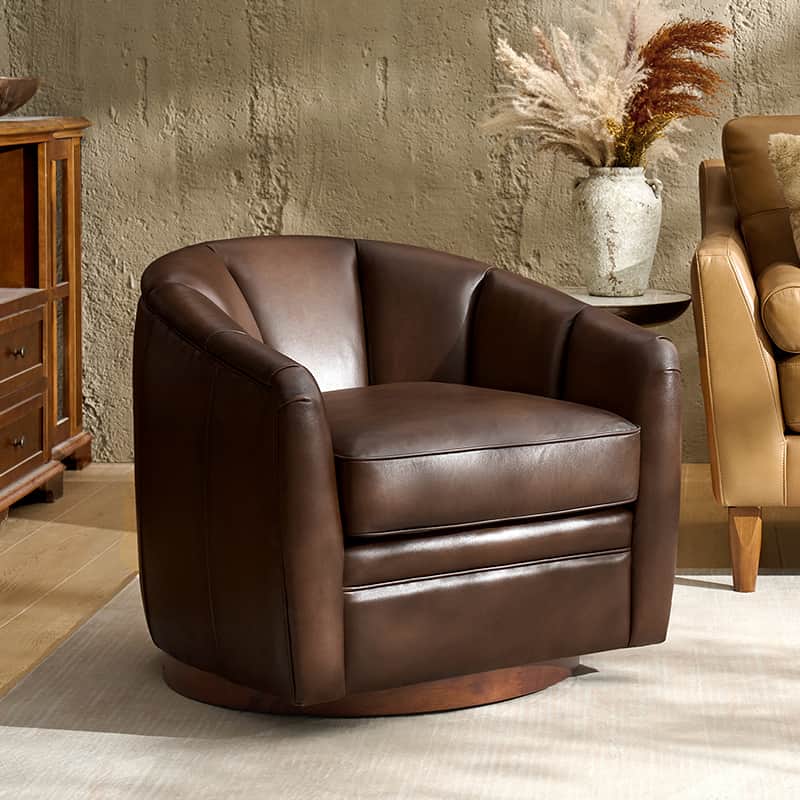**Misha Barrel Armchair with Genuine Leather – Modern Living Room Chair for Home, Office & Lounge – Comfortable Leather Accent Chair**