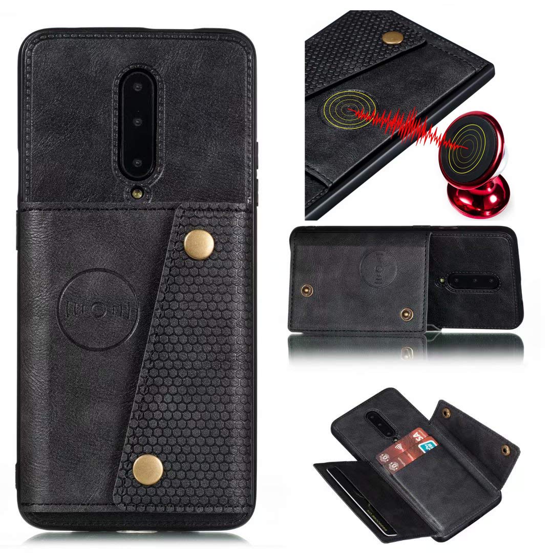 OnePlus 7 Pro Wallet Case with Credit Card Holder & Kickstand - PU Leather Protective Cover with Magnetic Car Mount Compatibility - Perfect for Business Travel & Daily Use (Black, Fits 2019 Model)