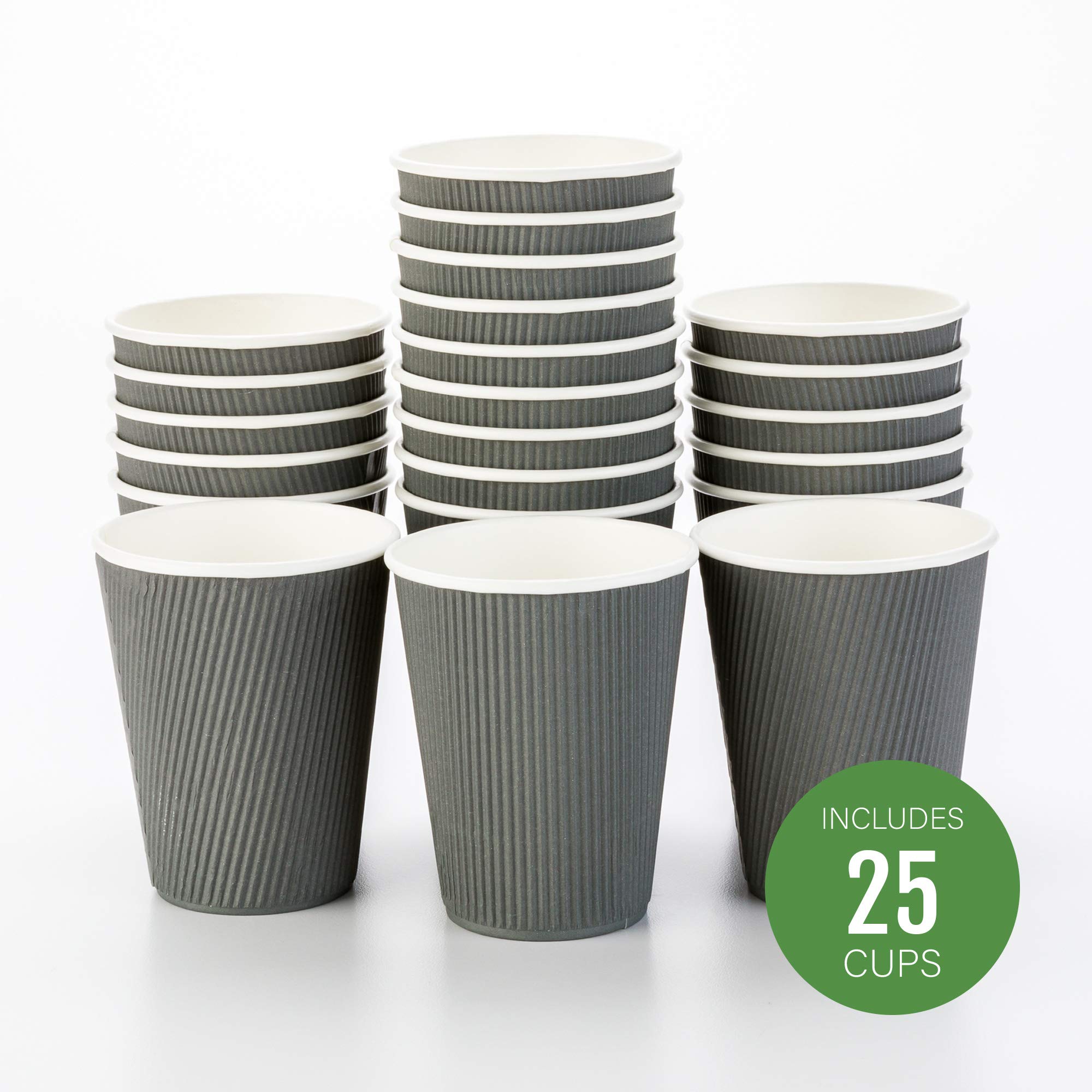 12oz Disposable Coffee Cups - 25 Pack Insulated Ripple Wall Paper Cups with Rolled Rim for Hot Coffee, Tea & Beverages | Perfect for Cafes, Offices, Events & Takeout | Lids Sold Separately (Gray)