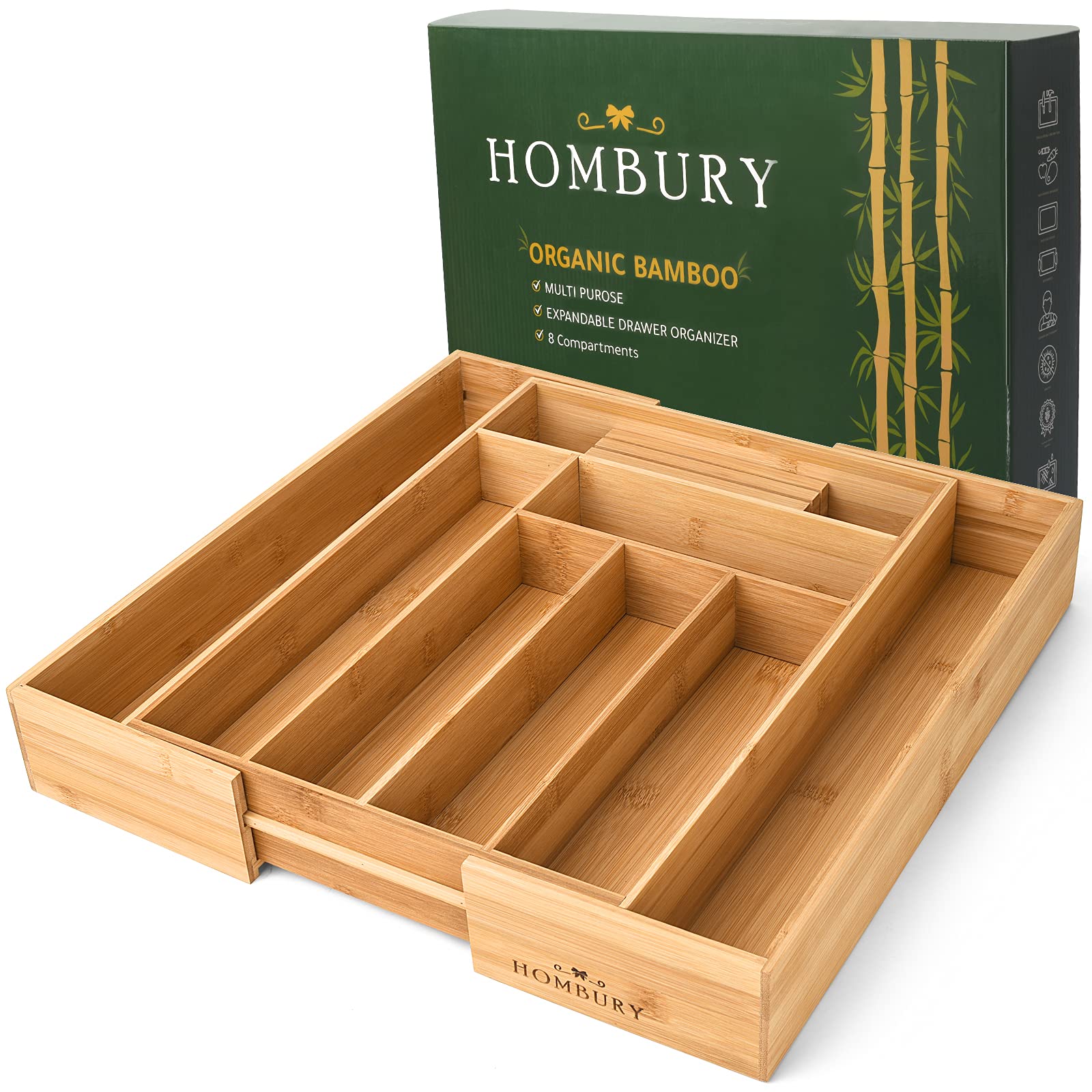 HOMBURY Bamboo Expandable Drawer Organizer - Adjustable Silverware & Flatware Tray with Knife Holder, 8-Compartment Kitchen Utensil Organizer for Forks, Spoons, Knives (Natural) - Perfect for Kitchen Drawers, Office Desks & Craft Room Organization