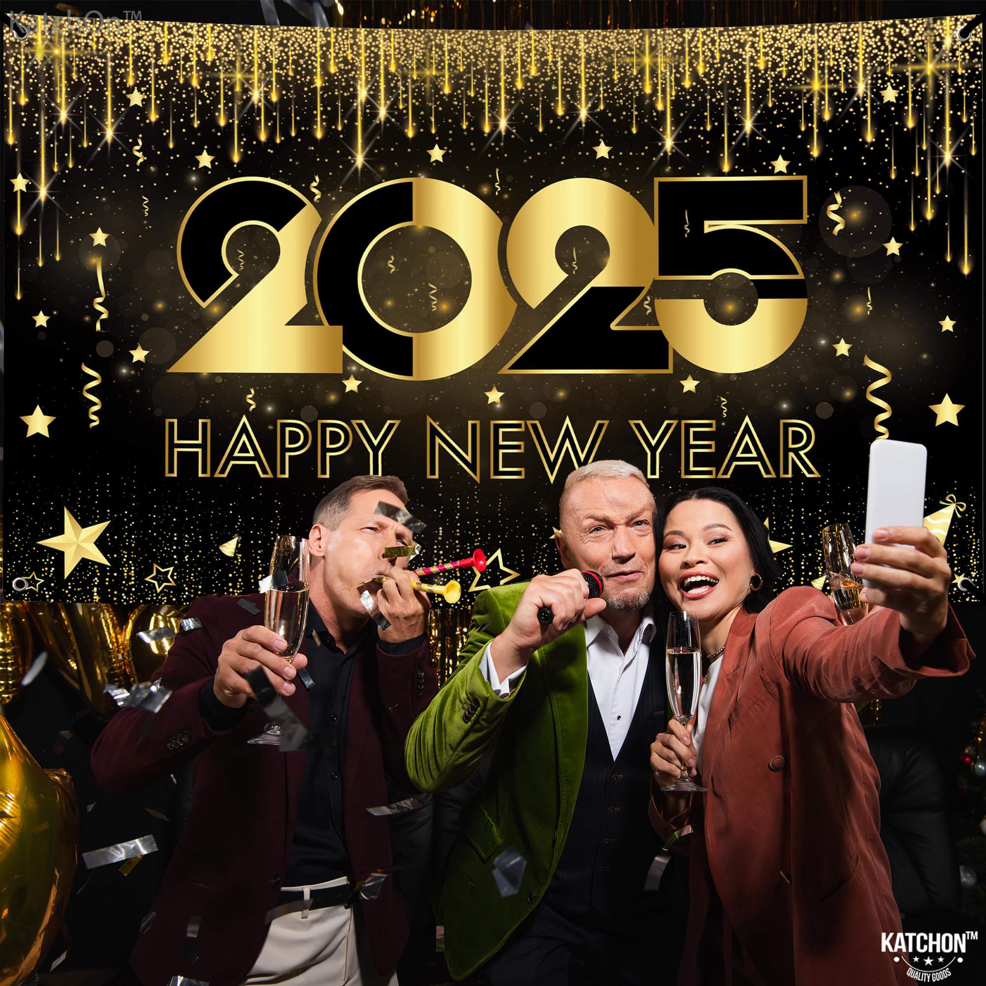 KatchOn Extra Large Happy New Year Banner - 72x44 Inch | 2025 New Year's Backdrop & Party Decorations | NYE Celebration Supplies for Home, Office & Events | Perfect for New Year's Eve Parties, Countdowns & Photo Booths