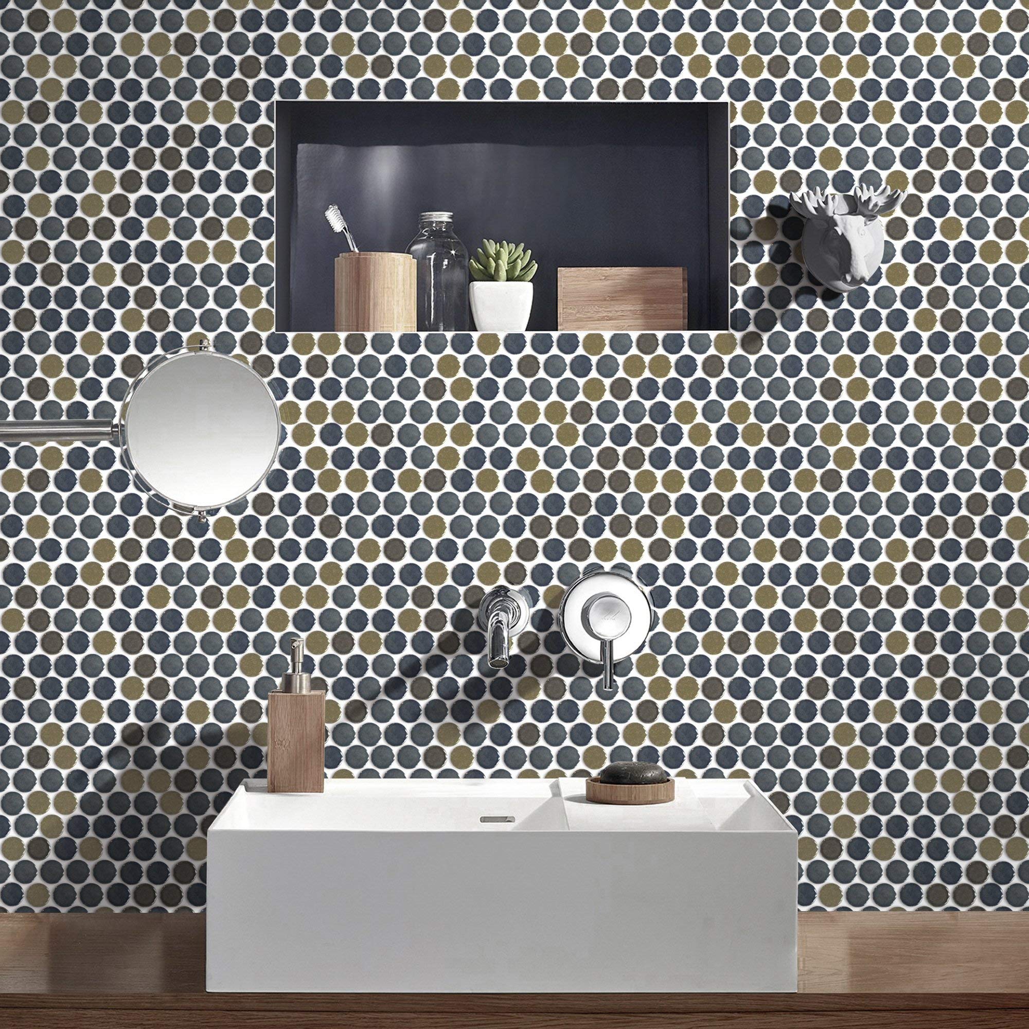JAPM301 Multi Blue Mix Color Polished Tiny Round Porcelain Mosaic Tile - 10 Sheets Pack - Perfect for Bathroom Backsplash, Kitchen Wall, and Pool Design