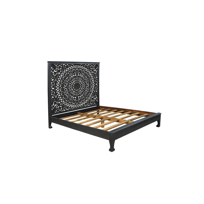 Hand Carved Solid Wood Low Profile Standard Bed Frame - Black | Modern Minimalist Bedroom Furniture for Small Spaces & Cozy Home Decor