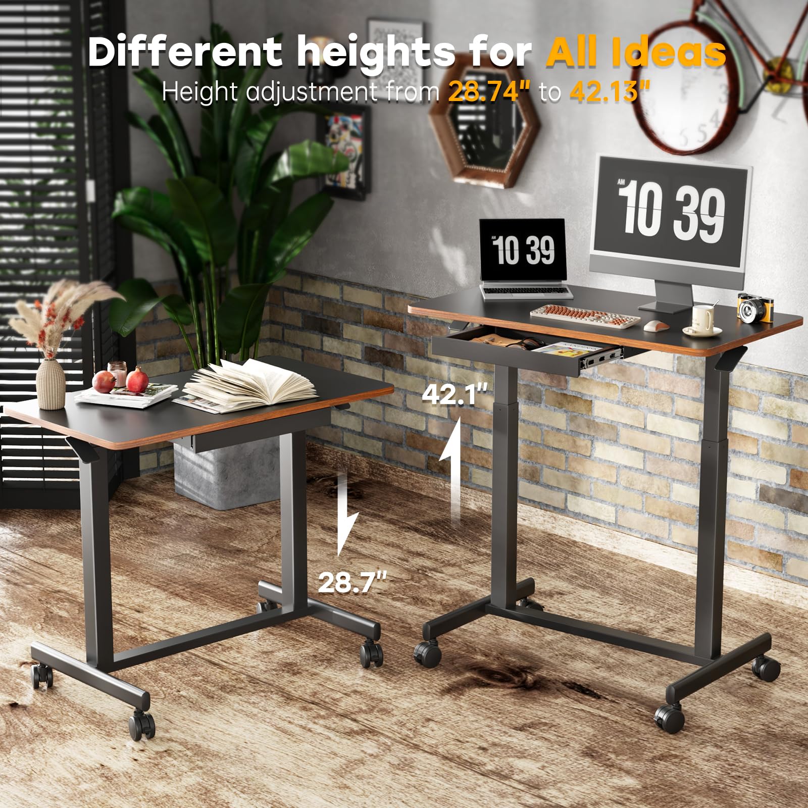 JOY Worker 35In Small Mobile Standing Desk with Drawer - Pneumatic Height Adjustable (Up to 33lbs Capacity) - Dual Handles & Columns - Black - Perfect for Home Office, Small Spaces & Remote Work