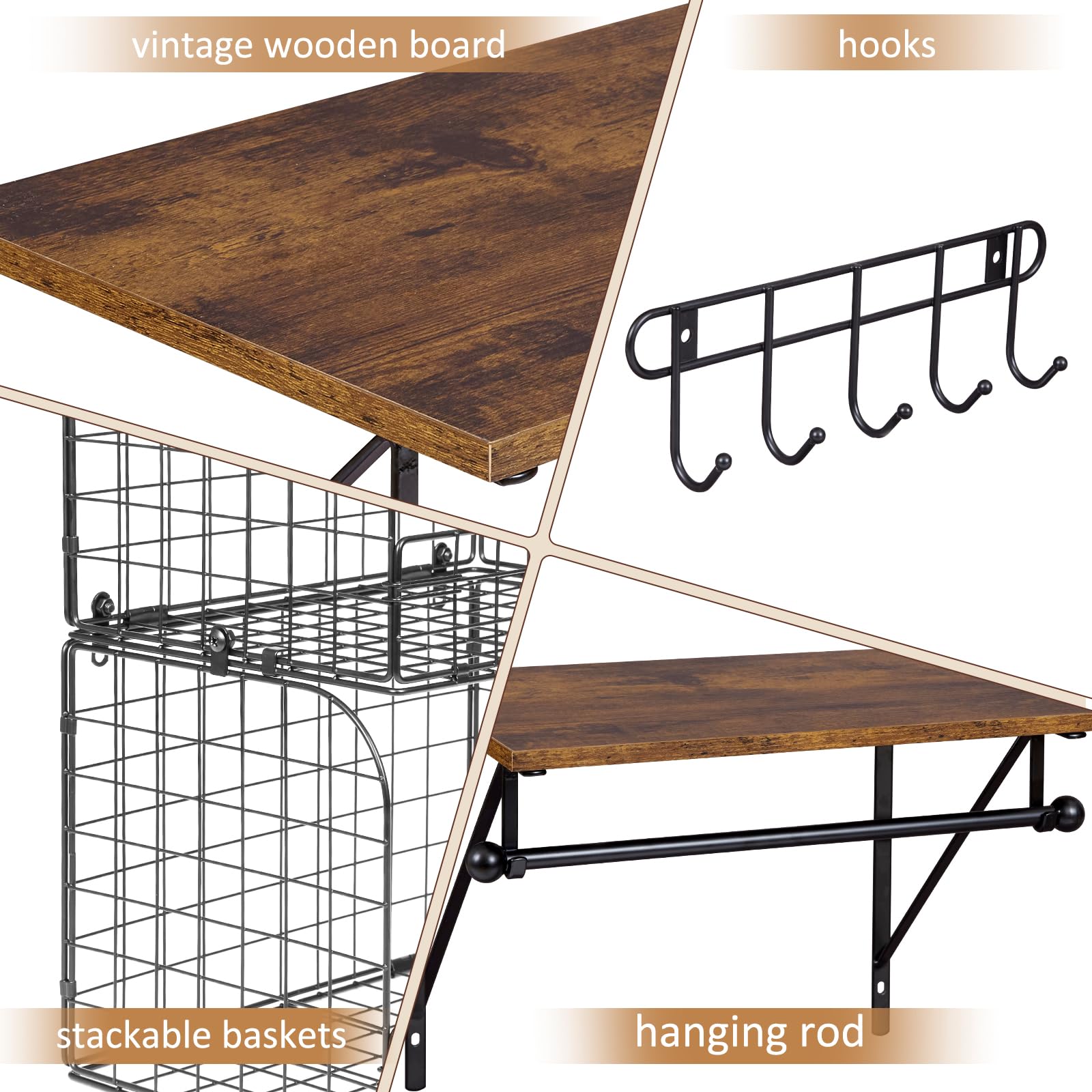 Wall Mounted Laundry Shelves with Wire Baskets - Wood & Metal Storage for Washer Dryer Area