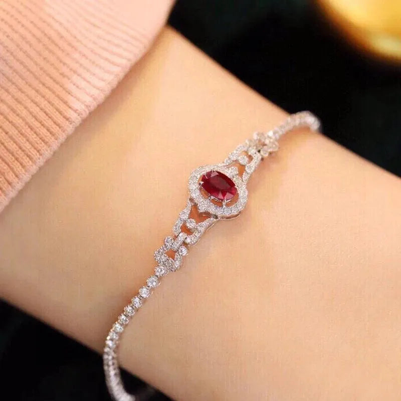 18K Solid White Gold Diamond & Natural Ruby Tennis Bracelet for Women | Elegant Fairy Design | Perfect Gift for Anniversaries, Weddings & High-Class Banquets