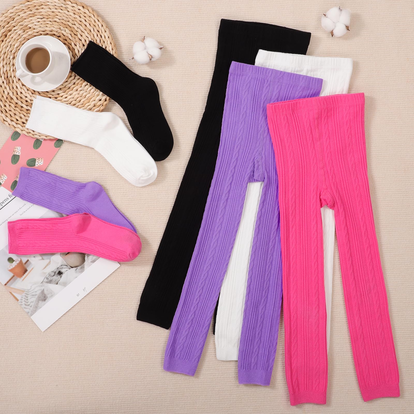 BOOPH 4 Pairs Girls Leggings with Socks Set - Soft Knit Footless Tights & Stockings for Toddler and Kids - Perfect for School, Playtime and Winter Outfits