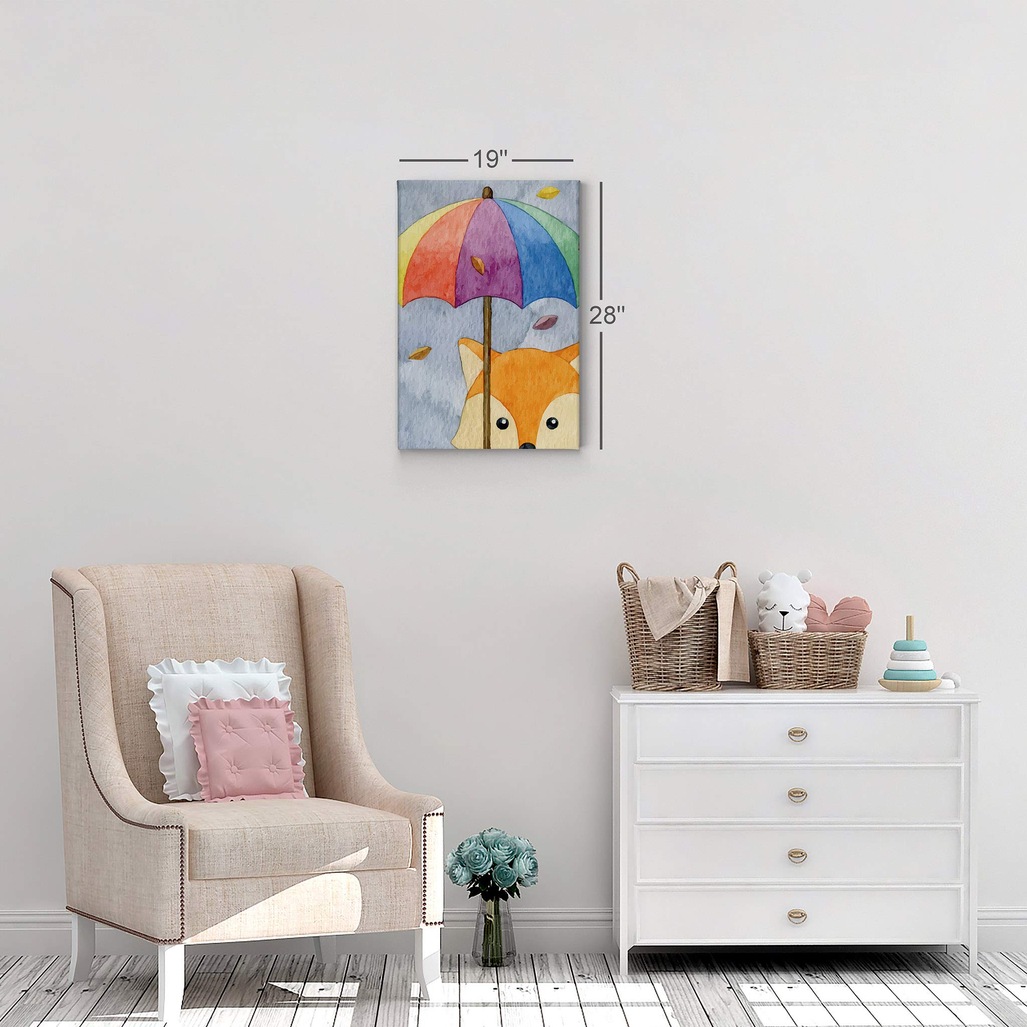 Cute Fox Umbrella Painting Canvas Print - Autumn Theme Gray Background Wall Art for Kids Room, Nursery & Baby Room Decor - 40x30 Inches Made in USA | Perfect for Children's Bedroom, Playroom & Preschool Classroom Decor