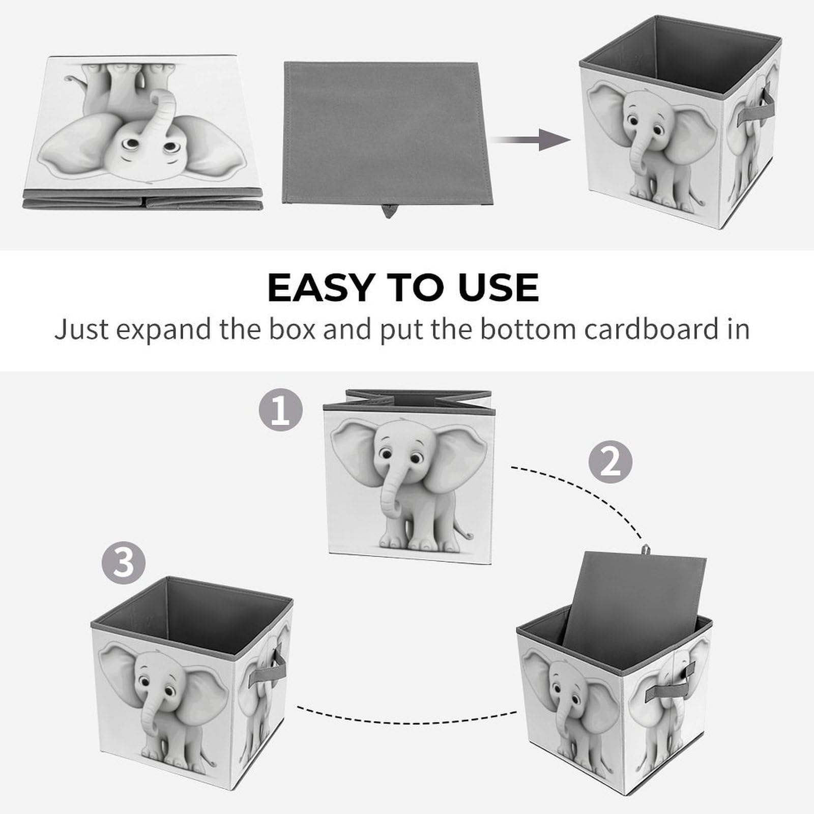 Collapsible Storage Cubes with Handles - 10.6×10.6 Inch Foldable Fabric Bins for Home Organization | Elephant Print Design | Perfect for Closet, Nursery, Office & Toy Storage