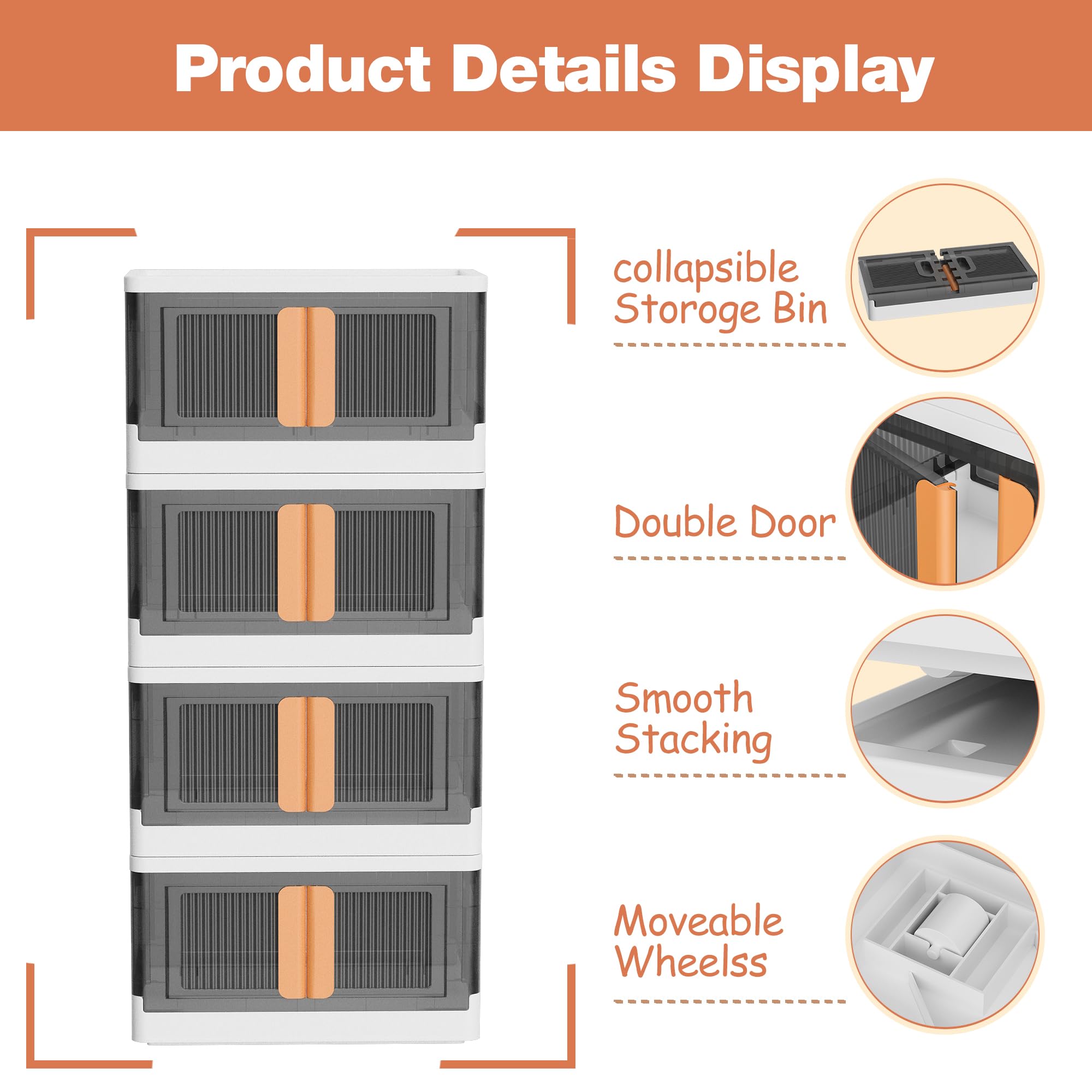 4-Tier Plastic Storage Bins with Lids - 19 Gallon Stackable Organizing Containers with Wheels - Foldable Storage Box for Closet, Living Room, Office & Dorm - Space-Saving Grey & White Home Organization Solution (Perfect for Seasonal Clothes, Toys & Household Items Storage)