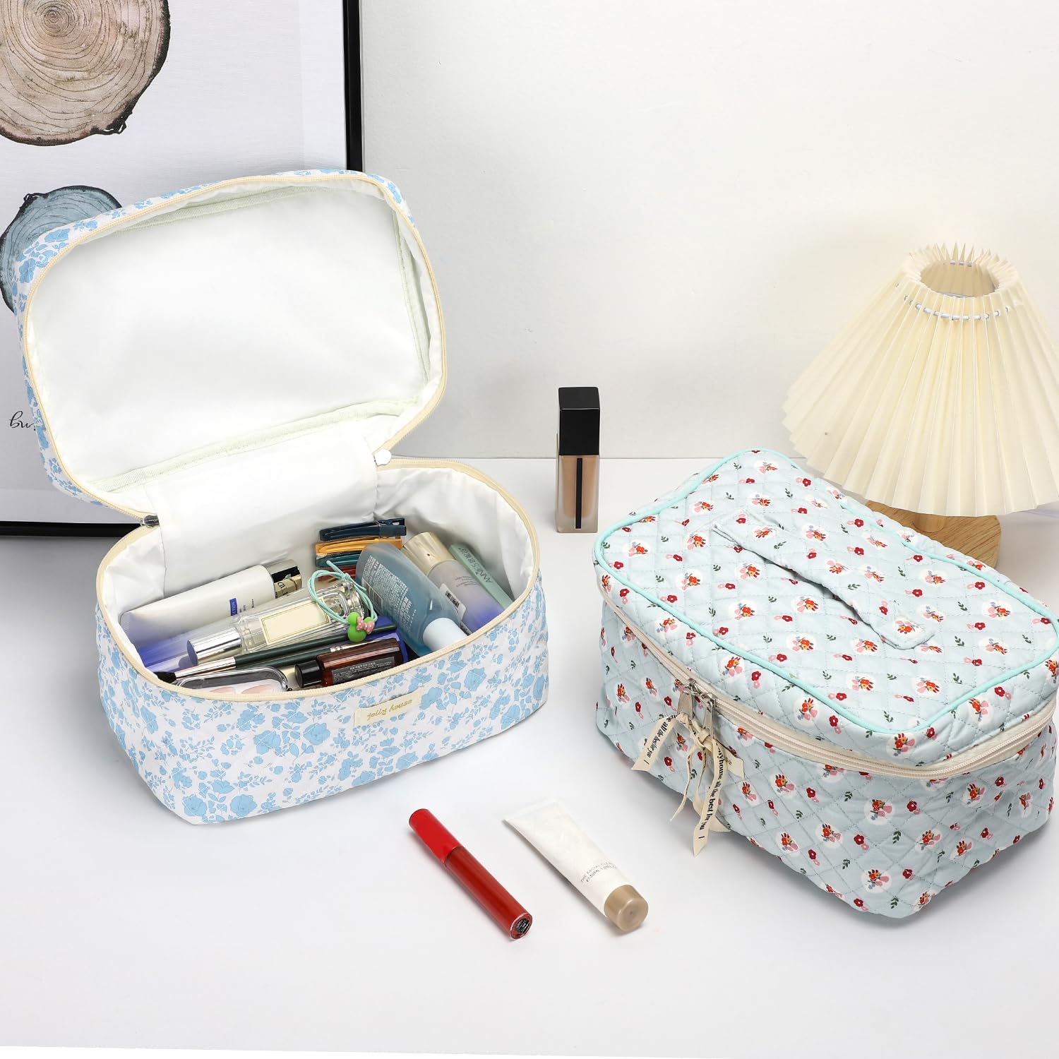 Sightor Large Cotton Makeup Bag for Women - Quilted Cosmetic Travel Organizer with Handle, Cute Aesthetic Floral Toiletry Bag | Perfect for Travel, Gym, Daily Use & Gift Giving