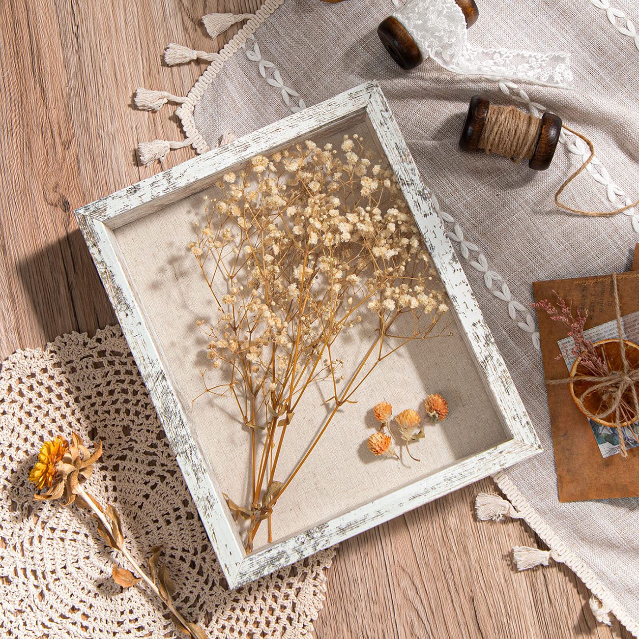 Califortree 8x10 Shadow Box Frame with Linen Back - Real Glass, Push Pins Included, Sturdy Rustic Memory Display Case, Distressed White - Perfect for Wedding Invitations, Baby Keepsakes & Military Memorabilia