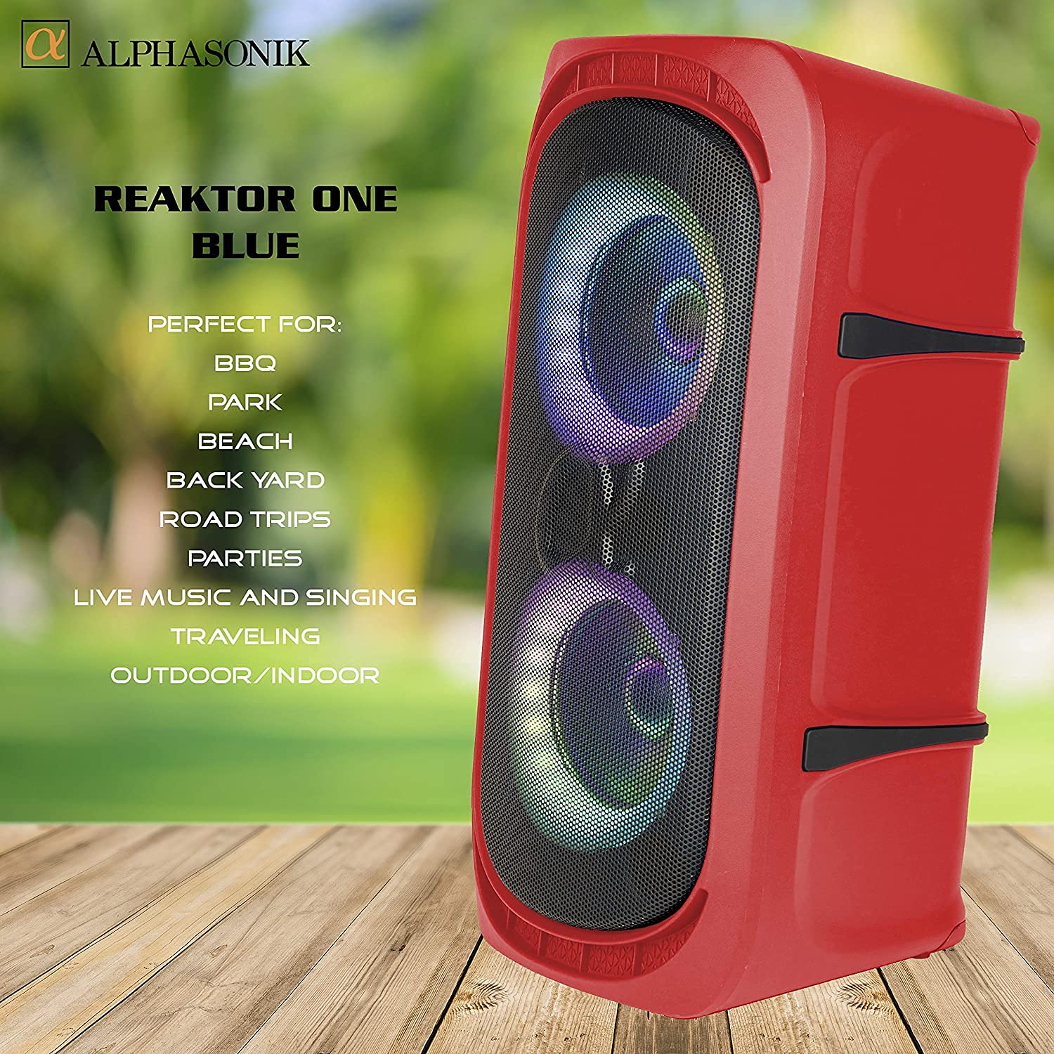 Alphasonik Reaktor One Portable Bluetooth Party Speaker - High Power Bass, Wireless Mic & Guitar Inputs, USB/AUX, App Control, 18H Battery - Perfect for Outdoor Events, Parties, Beach & Camping